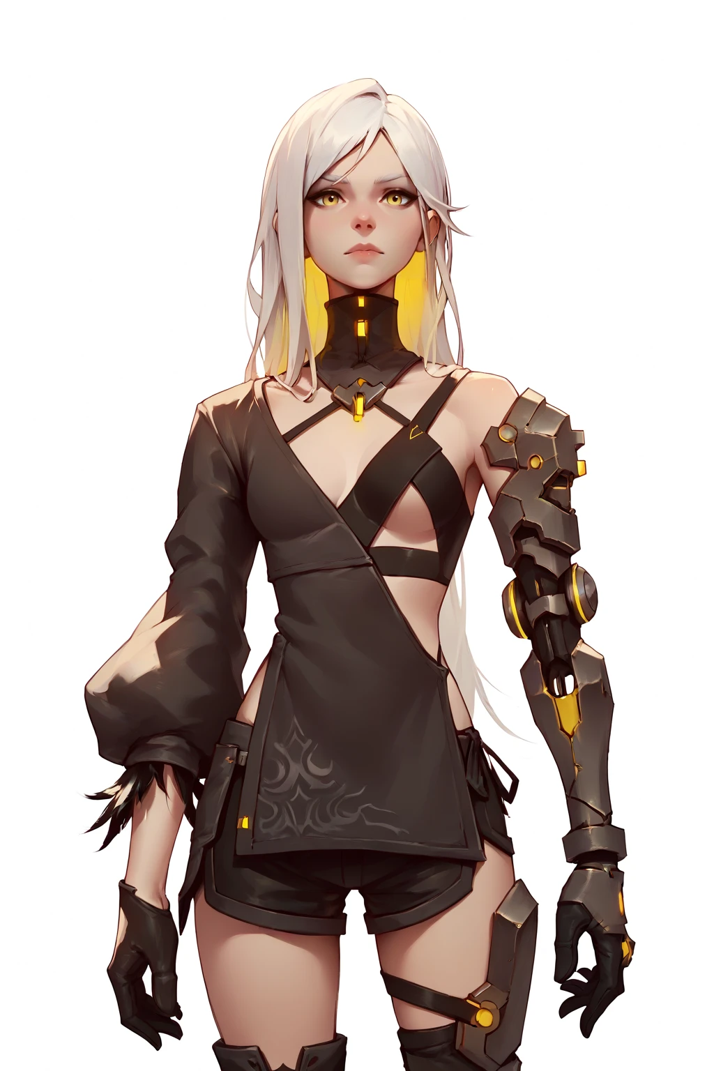 <lora:Nier_Gayle-PONY:0.8> 1girl, solo, cowboy shot, white background, white hair, long hair, yellow eyes, maingayle, asymmetrical clothes, single sleeve, shorts, prothesis, black glove, score_8_up, score_7_up, score_6_up, score_5_up, score_4_up,