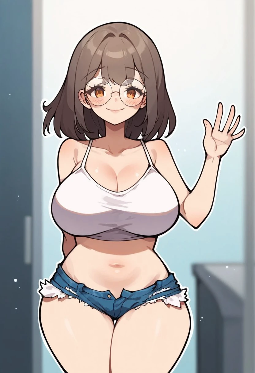 score_9, score_8_up, score_8, score_7, Expressiveh,source_cartoon, by_Nandupal,source_cartoon,source_anime, perfect hands, Solo, 1girl, vivid colors, 1girl,solo,huge breasts, wide hips,thick thighs,cutoffs,micro shorts,crop top,midriff, crop top overhang, white outline,arms behind back, hime cute,round eyewear, happy,blush,looking at viewer, waving masterpiece, best quality, very aesthetic, absurdres,
indoors,masterpiece, best quality, very aesthetic, absurdres,zPDXL3,