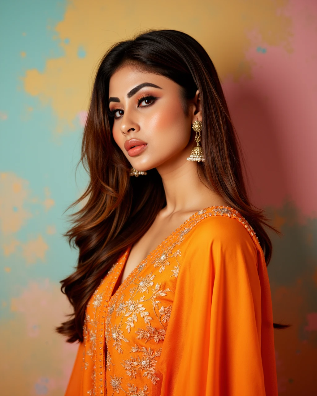 cowboy shot photo of Mouni Roy woman,candid photo with natural colors, serious expression on face,studio quality, wearing intricate conservative long sleeved Orange Abaya Style Suit, straight hair, pastel shaded multicolored background, cinematic soft lighting<lora:TestBed\Mouni_Roy_2024_Flux_Kohya_LoRA_v1-000017.safetensors:1.0:1.0>