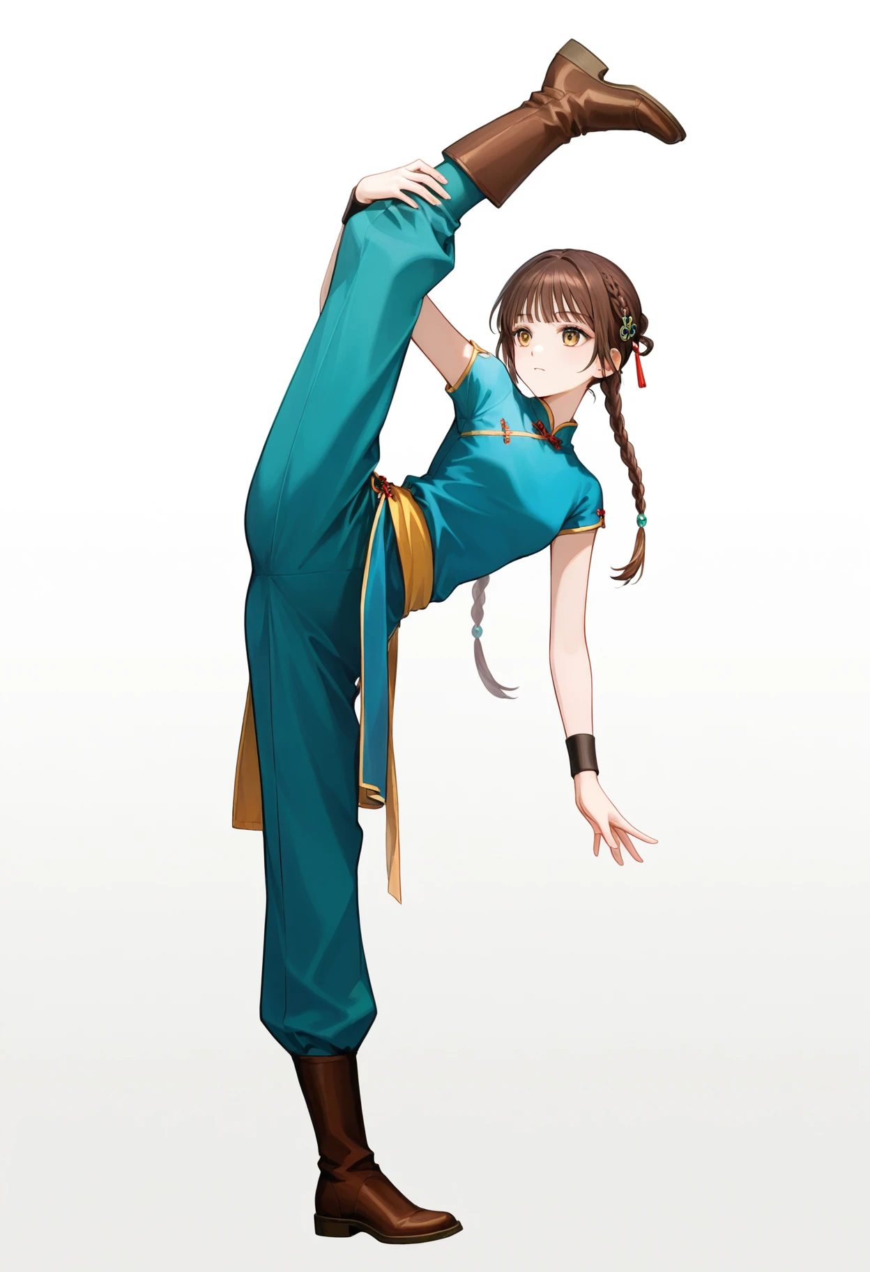 1girl, solo, brown hair, standing on one leg, braid, boots, standing, pants, simple background, split, full body, white background, short sleeves, standing split, brown footwear, wristband, chinese clothes, hair ornament, leg up, bangs