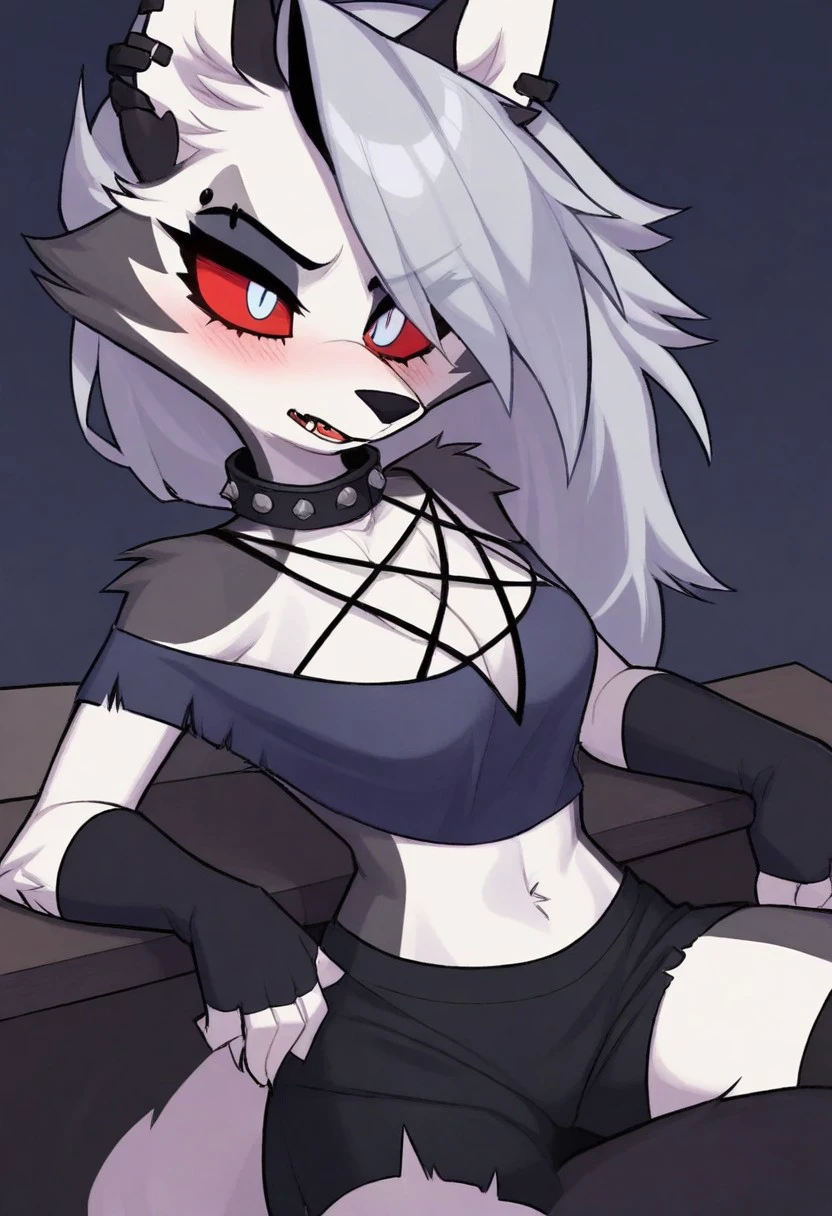 1girl, LoonaIllustriousV1Hellhound, furry female, white fur, goth, goth girl, colored sclera, red sclera, white pupil, animal ears, red eyesm fingerless gloves, piercing, collar,