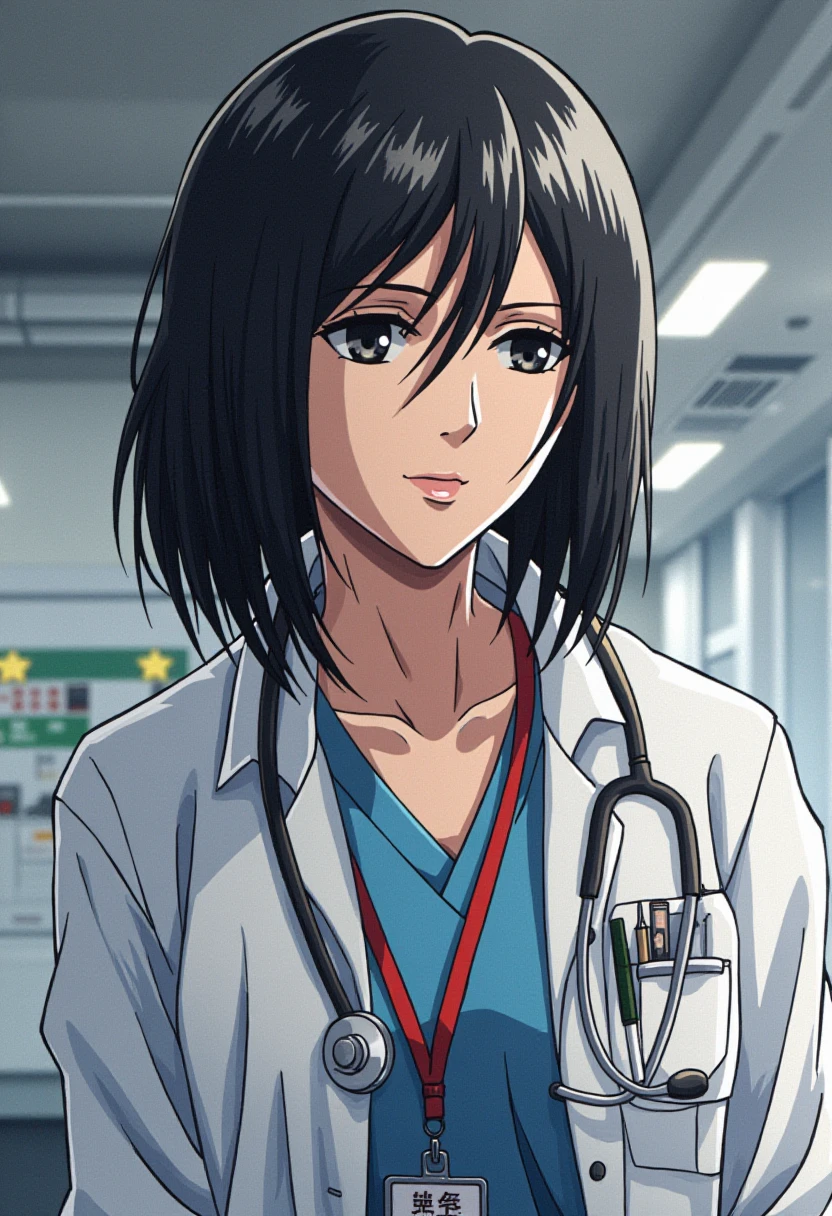 A detailed solo portrait of aot_mikasa
Anime style, sharp, high contrast and highly detailed,,
  <lora:attack_on_titan_mikasa_young_flux_v1_2-000008:1>, She is in a white lab coat, wearing a light blue scrub underneath. She has a calm and professional expression. A red lanyard hangs around her neck, indicating her role as part of the "Medical Staff," and she has a few pens and an ID badge in the chest pocket of her coat. The background suggests she is in a clinical or hospital setting, with medical equipment visible behind her. The overall impression is of a focused and competent medical professional. She is smiling gently.