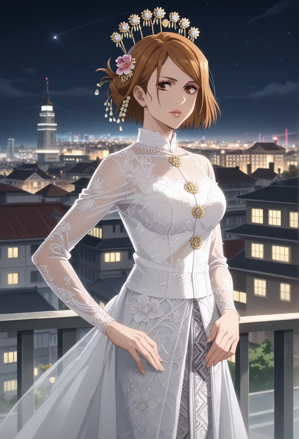 score_9, score_8_up, score_7_up, masterpiece, best quality, source_anime, BREAK 1girl, nobara kugisaki, kugisaki nobara, bob cut, brown eyes, brown hair, lips, short hair, large breasts, kebaya wedding dress, looking at viewer, flower, calm expression, hair ornament, standing, see-through, skirt, white dress, outdoor, rooftop, moonlight, city lights, anime screencap, cowboy shot, hair bun, hands holding railing, wind effect, elegant and dreamy atmosphere