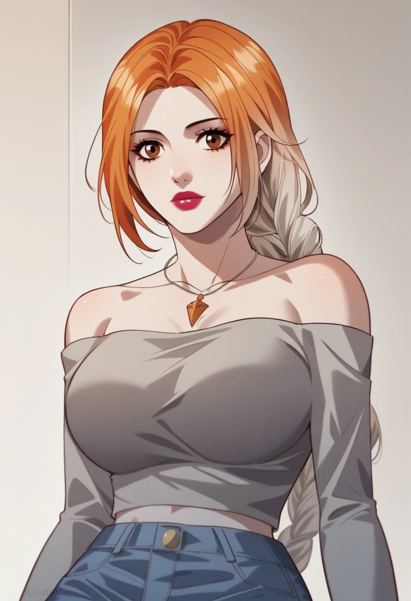 score_9, score_8_up, score_7_up, BREAK, AnMenglan, gradient hair, orange hair, white hair, orange eyes, large breasts, red lips, makeup, CasualLight, long hair, braided ponytail, single braid, necklace, off-shoulder, bare shoulders, grey cop top, midriff, jeans, 1girl, solo,