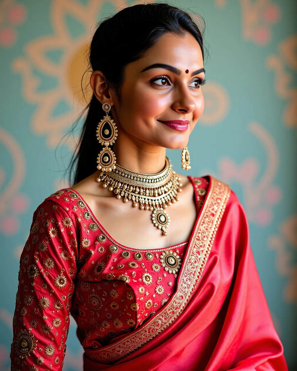 dutch angle photo of Andrea Jeremiah woman,candid photo with natural colors, smiling expression on face,studio quality, wearing intricate conservative long sleeved Crimson Rajasthani Lehenga, high ponytail, pastel shaded multicolored background, cinematic soft lighting<lora:TestBed\Andrea_Jeremiah_2024_Flux_Kohya_LoRA_v1-step00000200.safetensors:0.8:0.8>