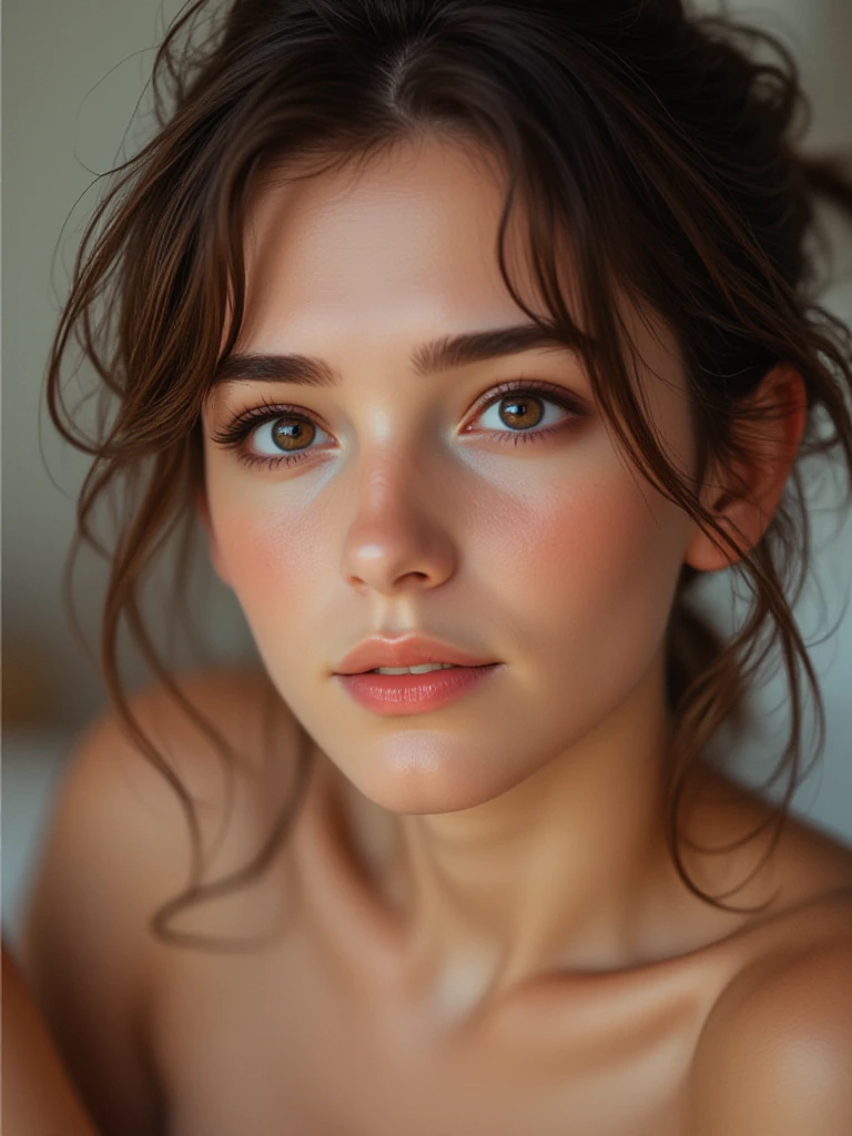 depth of field,seductive_smile,18 years old, perfect skin, realistic skin, skin fuse, taken with a Hasselblad at 135mm focal length, 1/60s shutter speed, f/1.8 aperture and ISO 400 by Elisa Migda, , anime