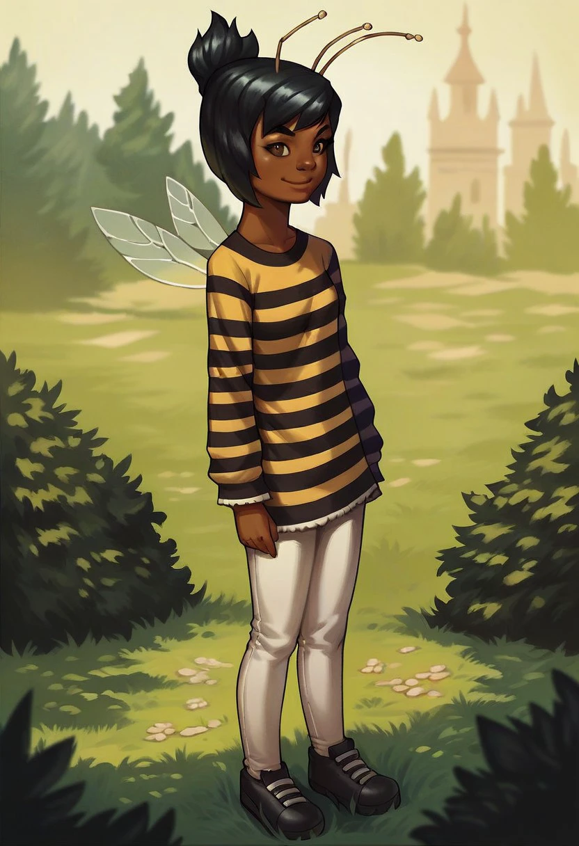 score_9_up, score_8_up, score_7_up, score_6_up, 1girl, solo, roxie_R_Mysims, dark-skinned female, antennae, striped shirt, leggings, shoes, black hair, brown eyes, insect wings, (standing outside), smile, (realistic, painted art), adult