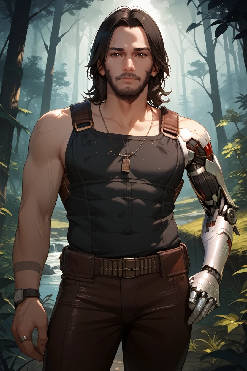 score_9, score_8_up, score_7_up,
<lora:CPJohnny:0.8>
CPJohnny, 1boy, black hair, brown eyes, beard, single mechanical arm, looking at viewer, cowboy shot, Dark forest with towering trees, moonlight filtering through, mysterious