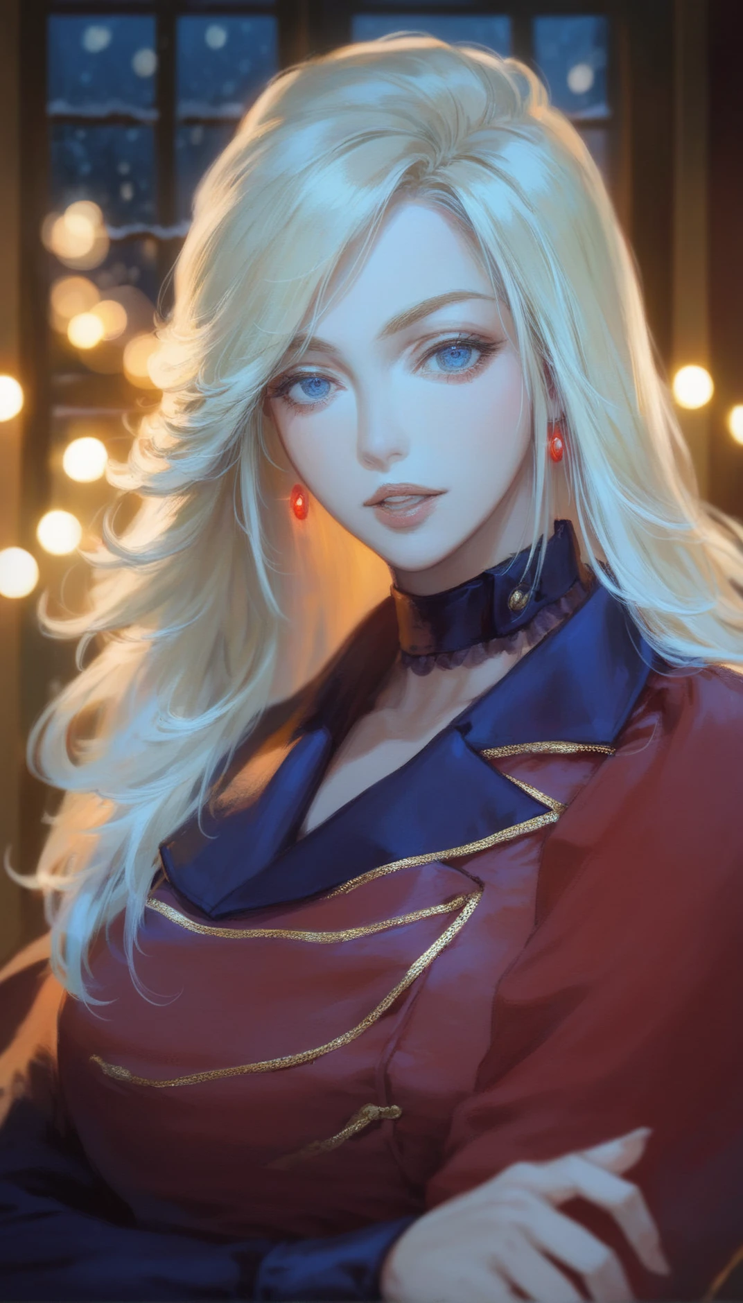 score_9,score_8_up,score_7_up,
<lora:yoko:1>,
cvyoko,
1girl,solo,blonde hair,long hair,bangs,
blue eyes,looking at viewer,parted lips, 
round red earrings,dark purple blouse with puffy sleeves,red tunic with gold trim,
upper body,white ribbon on waist,
blurry background,indoors,window,winter,night,lights particle,