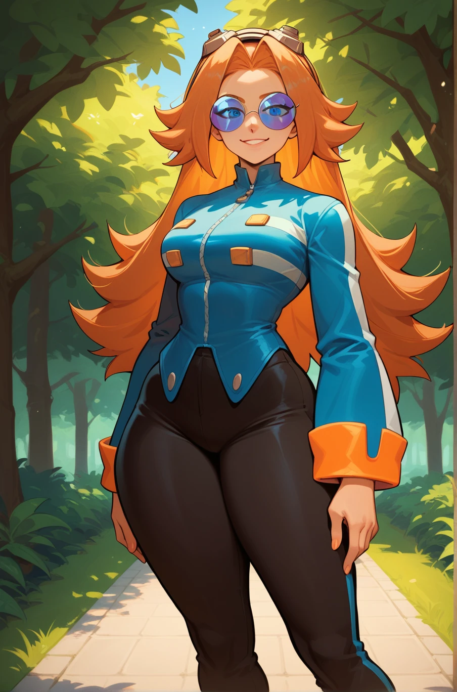 score_9, score_8_up, score_7_up, source_anime, masterpiece, best quality, absurdres, <lora:Female_Eggman:1>, 1girl, fem_eggman, standing, looking at viewer, light smile, standing, orange hair, round glasses, wide hips, outdoors, pants, long hair, blue-tinted eyewear,