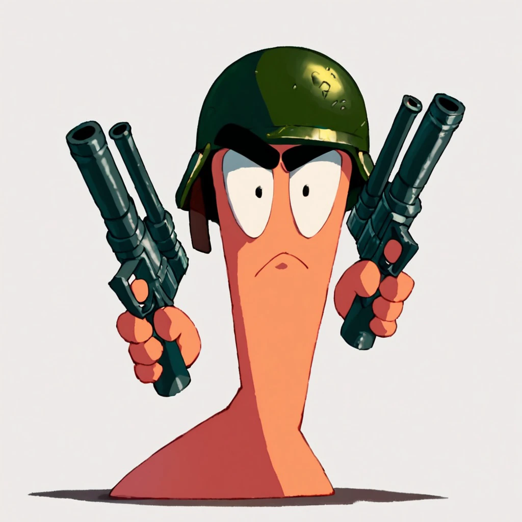 score_9, score_8_up, score_7_up, rating_safe, source_cartoon, wormsteam17, worms2d, soldier worm, limbless, (((armless))), legless, 1worm, worm head, worm face, solo, fullbody, floating black eyebrows, frown, floating hands, dual wielding, holding guns, combat helmet, khaki headwear, shadow, simple background