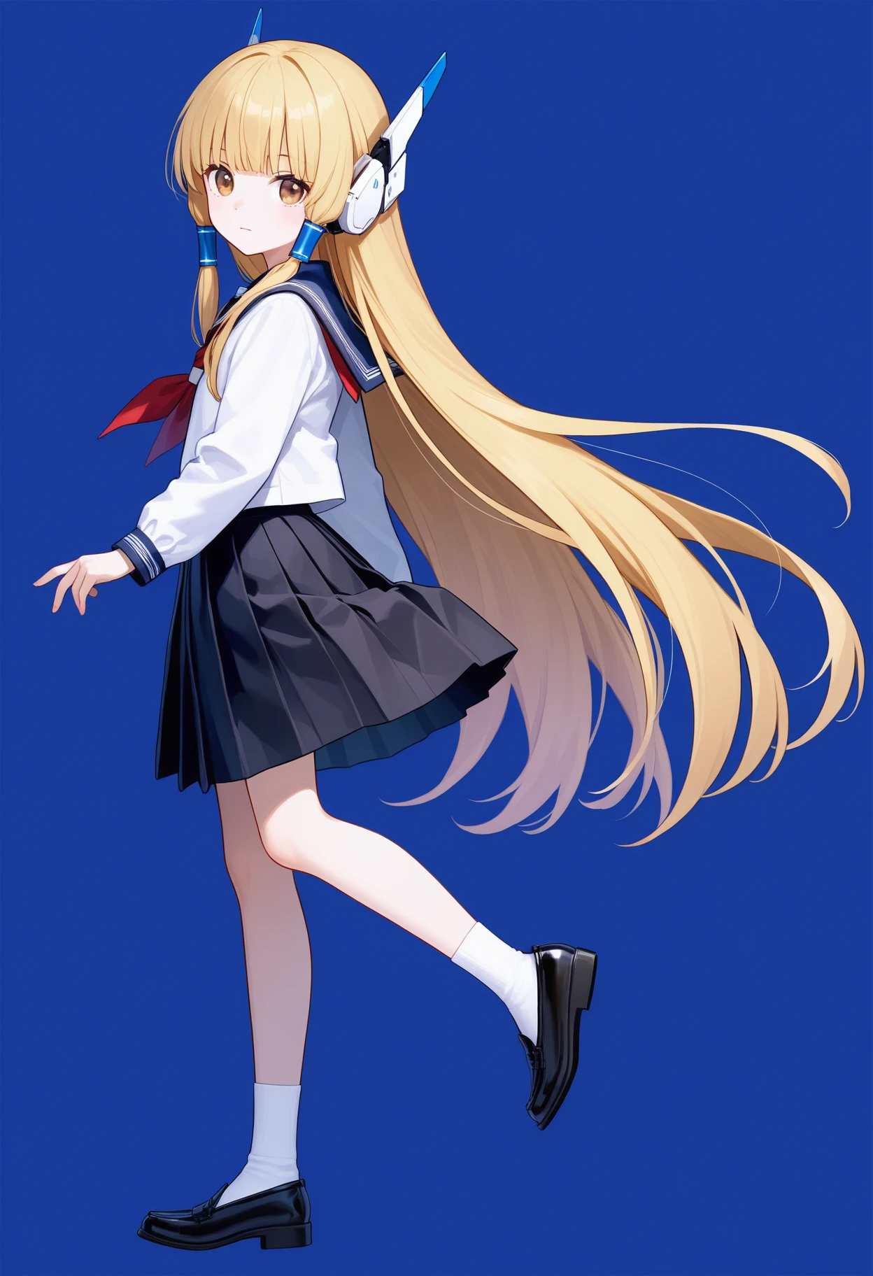 1girl, solo, long hair, very long hair, white socks, skirt, black footwear, white shirt, socks, black skirt, hair tubes, shirt, simple background, standing on one leg, full body, long sleeves, standing, shoes, brown eyes, school uniform, blonde hair, robot ears, looking at viewer, closed mouth, bangs, leg up, pleated skirt, blue background, serafuku