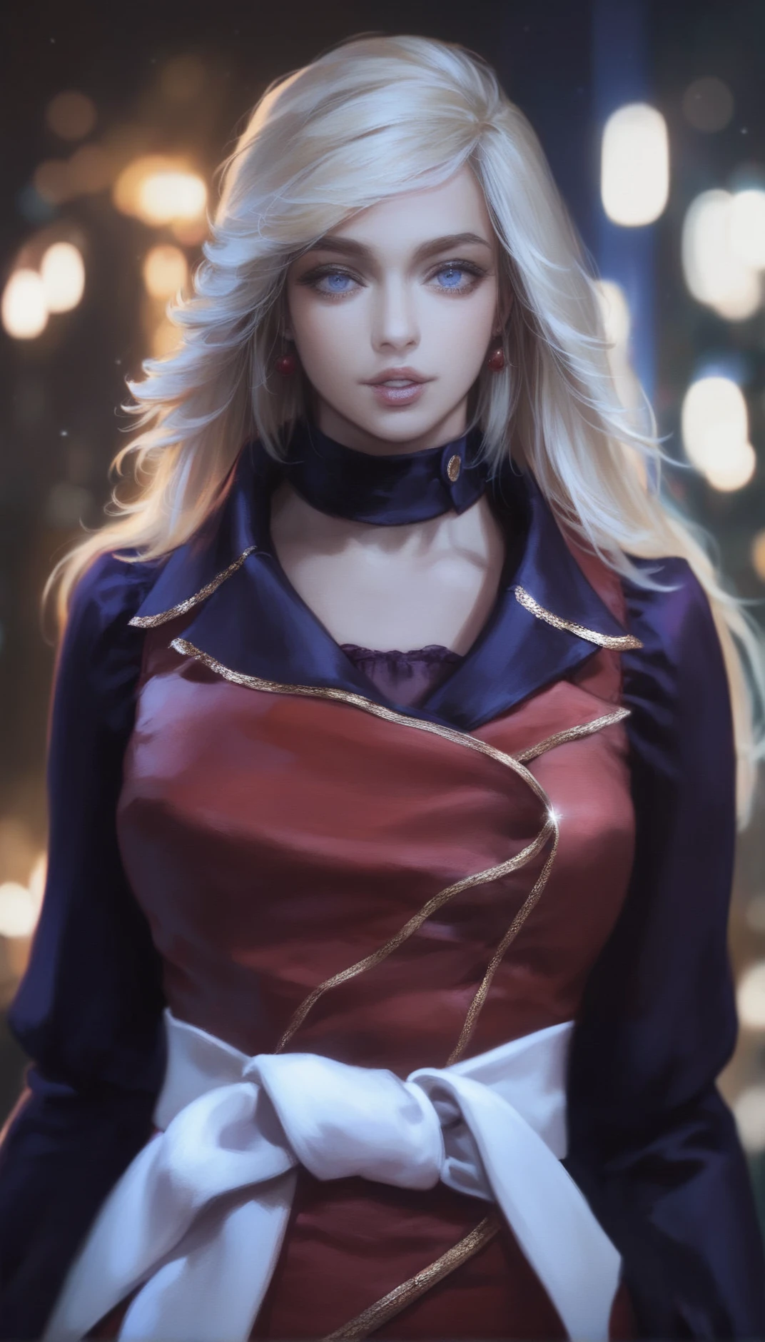 score_9,score_8_up,score_7_up,
<lora:yoko:1>,
cvyoko,
realistic,1girl,solo,blonde hair,long hair,bangs,
blue eyes,looking at viewer,parted lips,
round red earrings,dark purple blouse with puffy sleeves,red tunic with gold trim,
upper body,white ribbon on waist,
blurry background,depth of field,indoors,window,winter,night,lights particle,