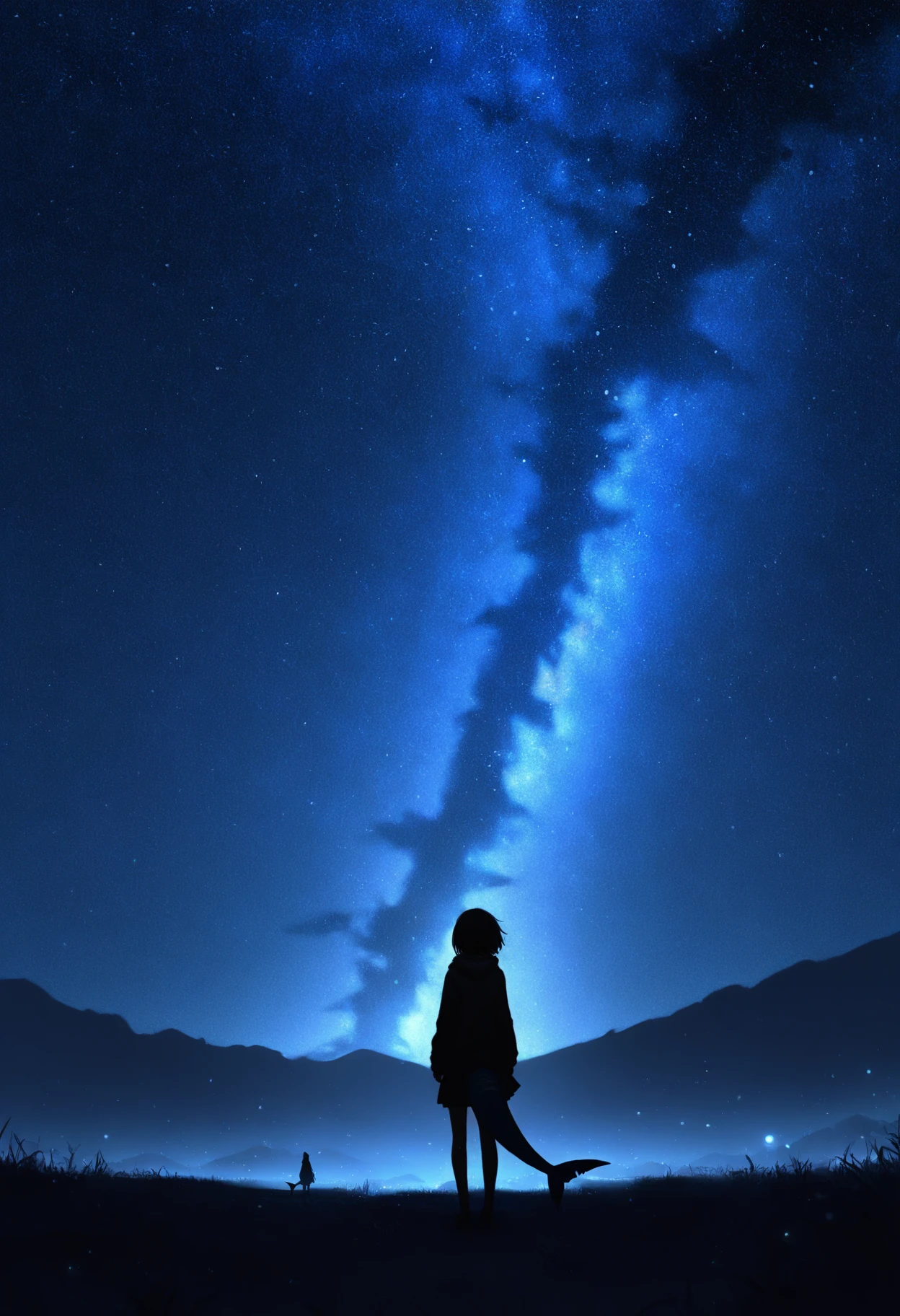 masterpiece, best quality,1girl, (scenery:1.25), (admirable:1.2), (lifeless:1.25), (particles:1.2), abstract, starry sky, outdoors, skirt, blue theme, night sky, short hair, standing, fins, fish tail, night, tail, sky, black hair, hoodie, hood, long sleeves, shark tail, wide shot, from behind, silhouette