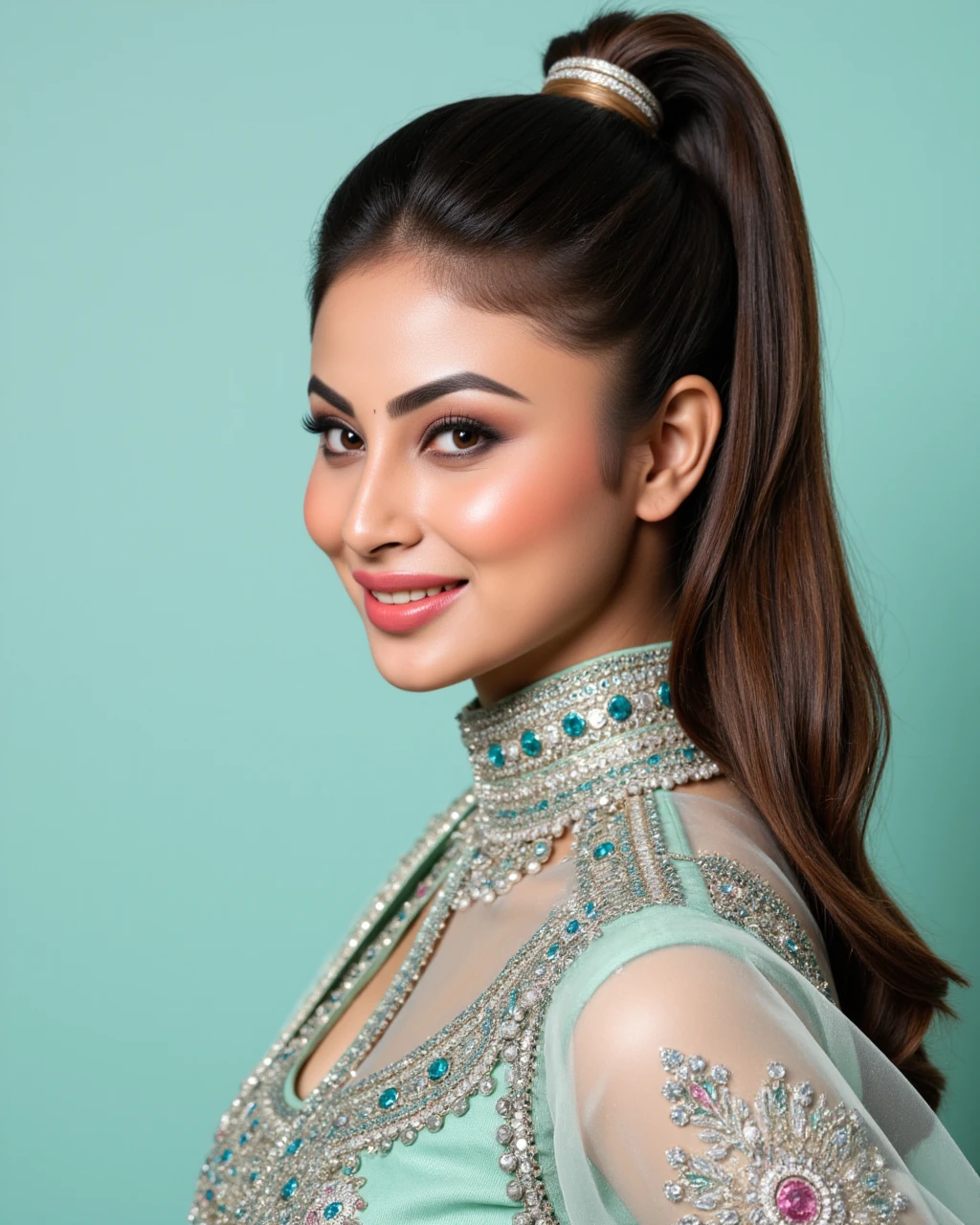 full body photo of Mouni Roy woman,candid photo with natural colors, smiling expression on face,studio quality, wearing intricate conservative turtleneck Teal Patiala Suit, high ponytail, pastel shaded multicolored background, cinematic soft lighting<lora:TestBed\Mouni_Roy_2024_Flux_Kohya_LoRA_v1-000017.safetensors:1.0:1.0>