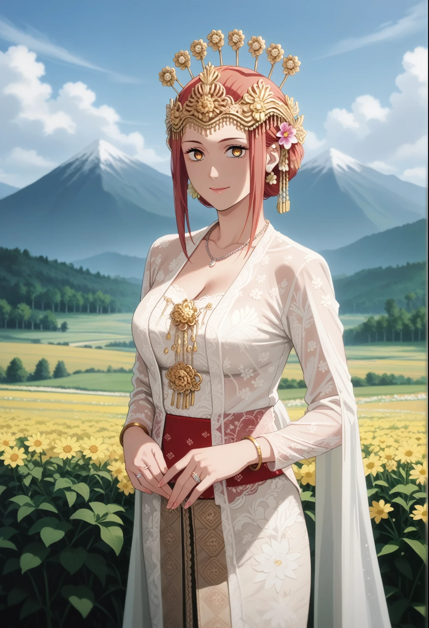 score_9, score_8_up, score_7_up, masterpiece, best quality, source_anime, anime screencrap, BREAK 1girl, makima, mak1ma0, red hair, long hair, large breasts, ringed eyes, solo, kebaya wedding dress, (crown), looking at viewer, flower, smile, hair ornament, standing, see-trough, skirt,  white dress, outdoor, ricefield, mountain, cowboy shot, necklace, bracelet, closed mouth, ring, bald forehead