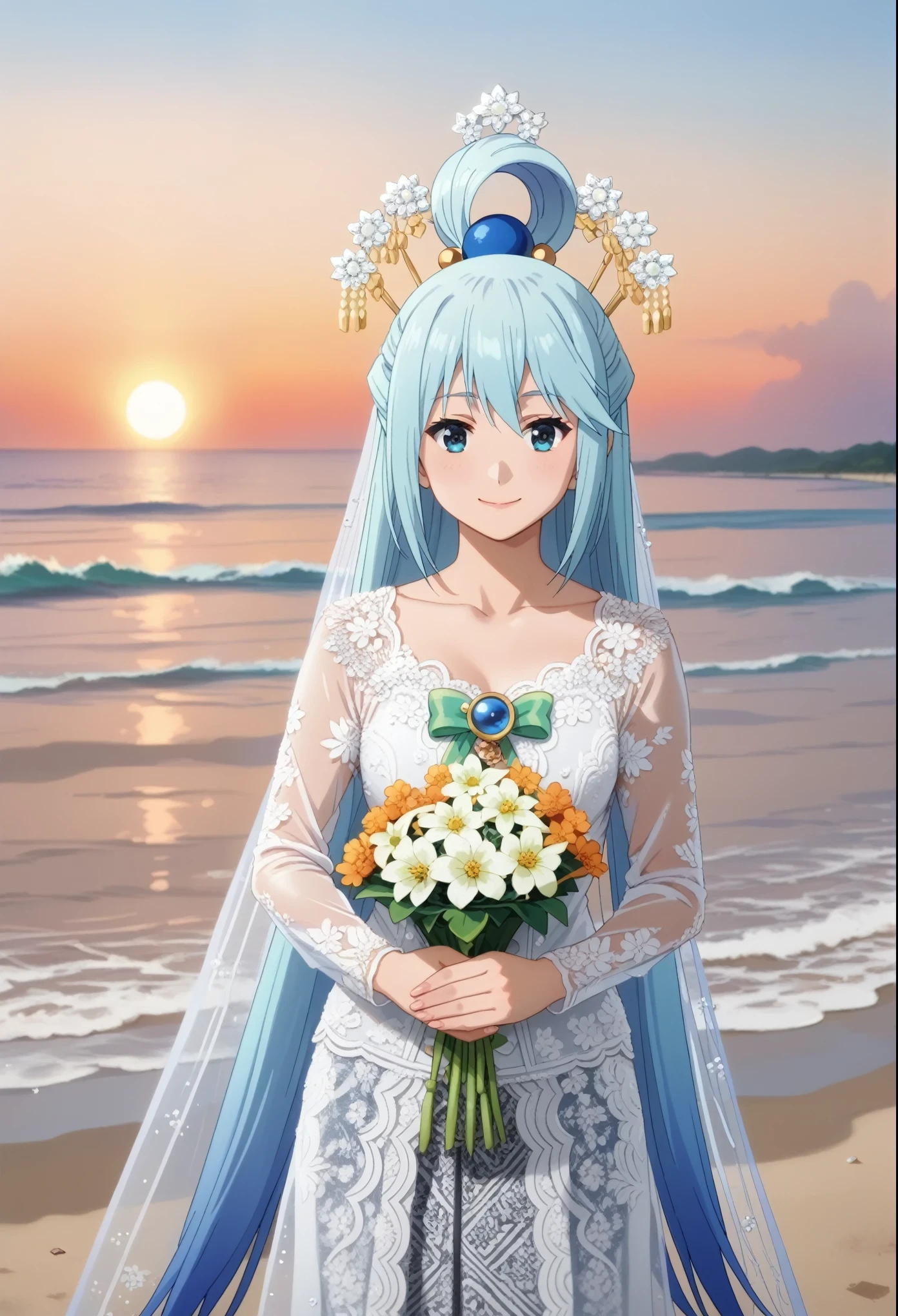 score_9, score_8_up, score_7_up, masterpiece, best quality, source_anime, BREAK 1girl, aqua \(konosuba\), long hair, blue eyes, hair ornament, very long hair, blue hair, hair rings, single hair ring, hair bobbles, kebaya wedding dress, looking at viewer, flower, soft smile, hair ornament, standing, see-through, blue, skirt, white dress, outdoor, sunset, beach, ocean waves, anime screencap, cowboy shot, delicate veil, hair bun, collarbone, hands holding bouquet, serene atmosphere