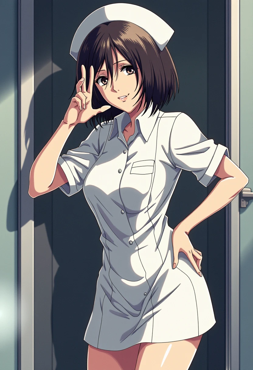 A detailed solo portrait of aot_mikasa
Anime style, sharp, high contrast and highly detailed,,
  <lora:attack_on_titan_mikasa_young_flux_v1_2-000008:0.9>,, She is wearing a classic white nurse uniform dress and nurse cap.
Her pose is playful and energetic. She has one hand resting on her hip with her elbow bent outward, while the other hand is raised to her face, her fingers in a "peace" sign with her index and middle fingers framing her cheek. Her body leans slightly to one side, adding a dynamic feel to her stance, and she has a cheerful expression with a slight smile. The background shows glass doors, likely a hospital or clinic entrance, enhancing the medical setting.
 <lora:Nurse Anime V3_epoch_3:1>