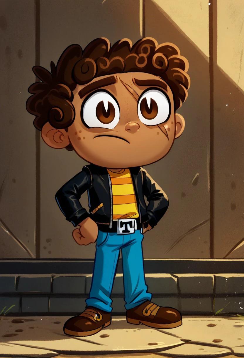 score_9, score_8_up, score_7_up, CuteCartoonStyle, 1boy, solo, male focus, Manny_Rivera, Brown Eyes, brown Hair, Dark Skin, Scar on Eye, freckles, Black Jacket, striped yellow shirt, belt buckle, blue pants, brown shoes