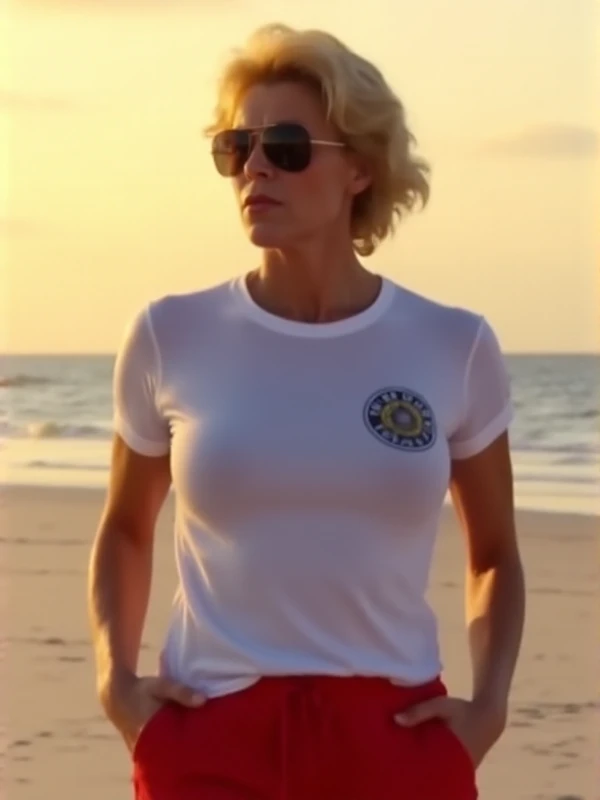 <lora:Leslie_EasterbrookV2:0.9> leslie easterbrook, woman with blond hair, short hair, dressed with a thight white shirt with a police logo and a red sweatpants and sunglasses. On the beach at sunset