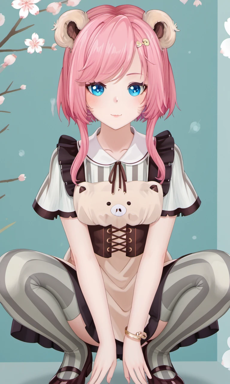 squatting, satiakura, 1girl, virtual youtuber, blue eyes, pink hair, short hair, hair ornament, bear ears, vertical striped shirt, apron dress, bracelet, corset belt, vertical striped thighhighs, shoes