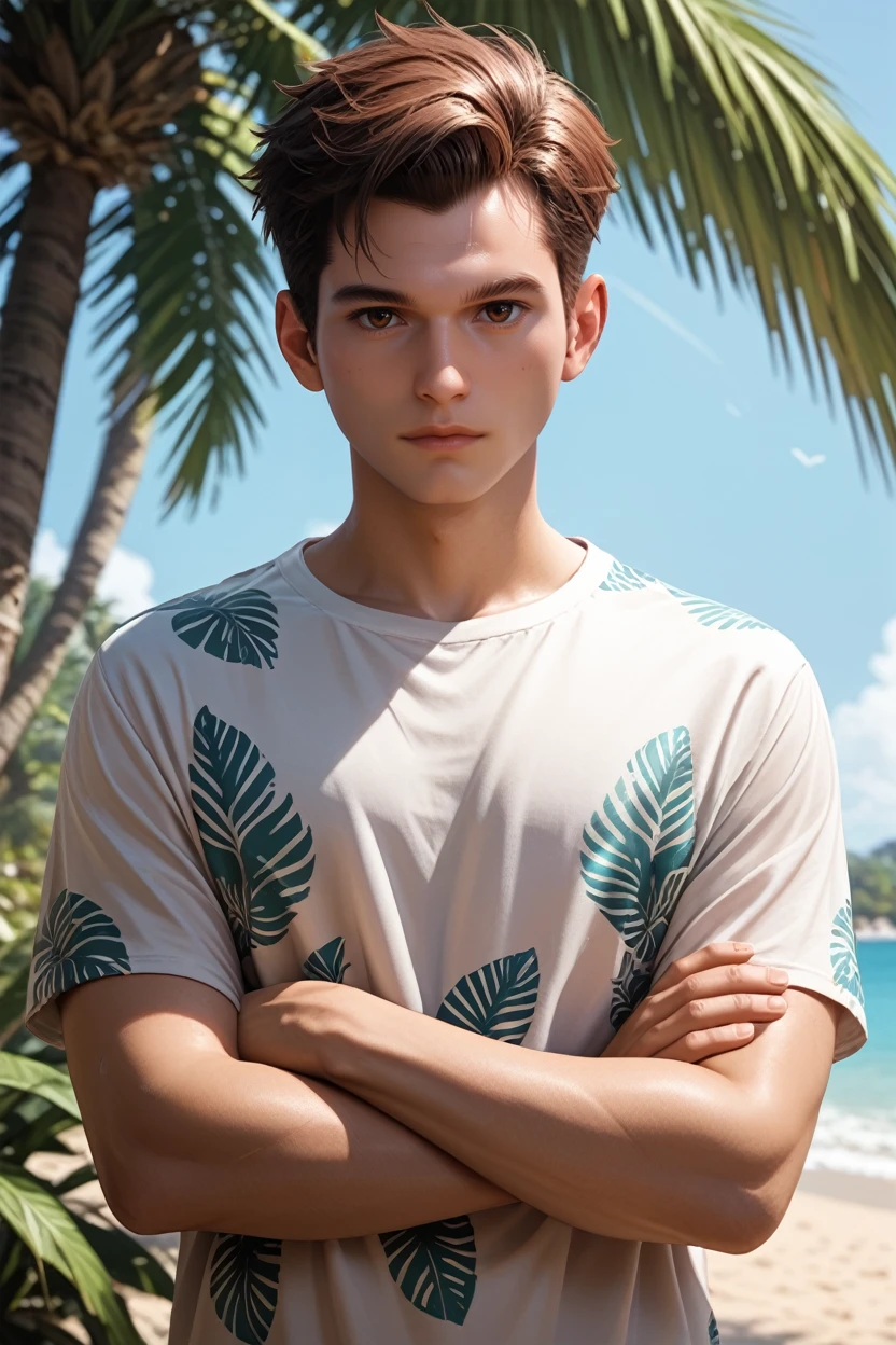 score_9, score_8_up, score_7_up,
<lora:DBHConnor:0.8>
DBHConnor, 1boy, brown hair, brown eyes, short hair, looking at viewer, solo, wearing a light beach shirt, arms crossed, confident expression, tropical backdrop, sun setting behind