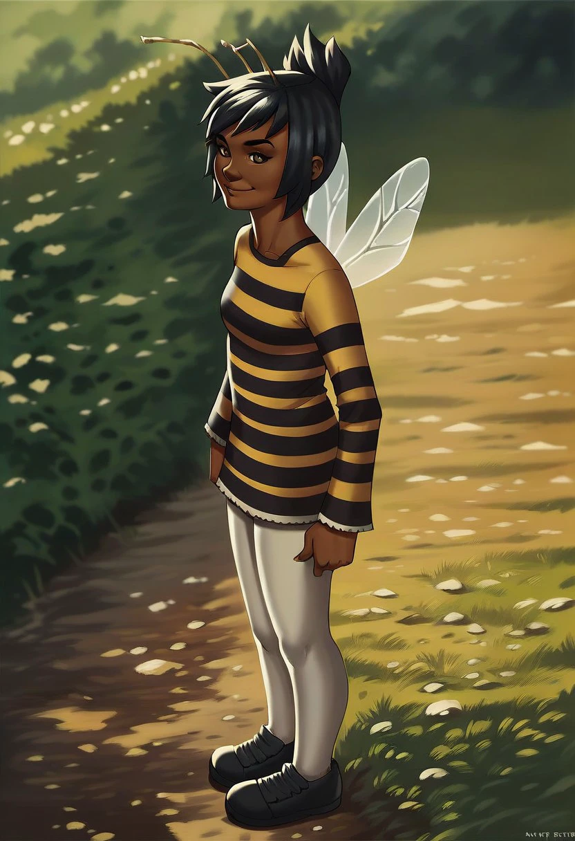 score_9_up, score_8_up, score_7_up, score_6_up, 1girl, solo, roxie_R_Mysims, dark-skinned female, antennae, striped shirt, leggings, shoes, black hair, brown eyes, insect wings, (standing outside), smile, (realistic, painted art), adult