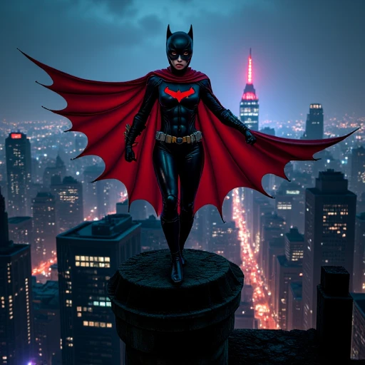 Batwoman, in her iconic red and black costume, standing atop the gothic architecture of Gotham City at night. Her cape billows in the wind as she looks passes the viewer at the cityscape, the light from the distant Bat-Signal casting a dramatic silhouette against her. The scene is bathed in a mix of neon lights and deep shadows, emphasizing the stark contrast between the heroic figure and the brooding, chaotic environment. Her utility belt is equipped with an array of unconventional gadgets that highlight her unique approach to fighting crime. The sky is clear but filled with the faint whispers of unrest, hinted at by the distant sounds of sirens and the flickering lights of skyscrapers. Below, the streets are a maze of shadows and alleyways, hinting at the mysteries and dangers she is about to face. Batwoman's stance is firm and resolute, a symbol of vigilance in a city that never truly sleeps. Her eyes, gleaming with determination, reflect the unwavering commitment to justice that drives her unrestricted spirit. This visual captures the essence of a fearless protector, ready to navigate the complexities of the night without limits, embodying the very definition of freedom in a world that often seems confined by fear.