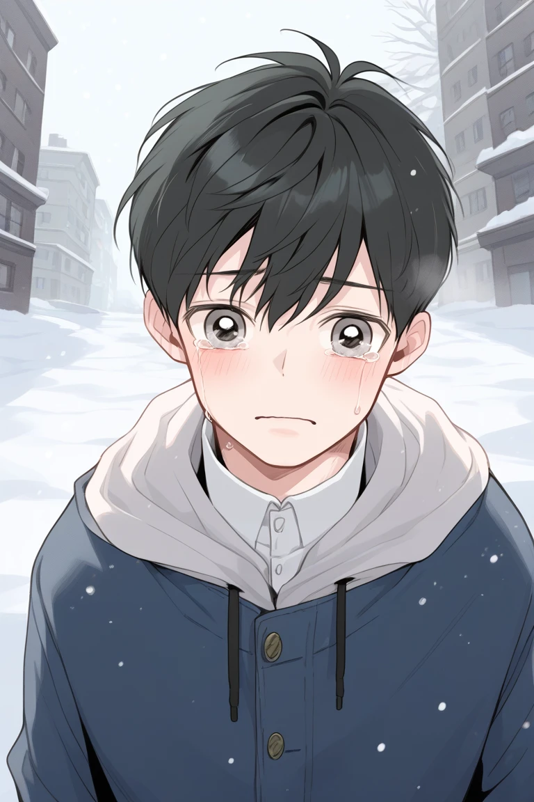Boy crying in the snow