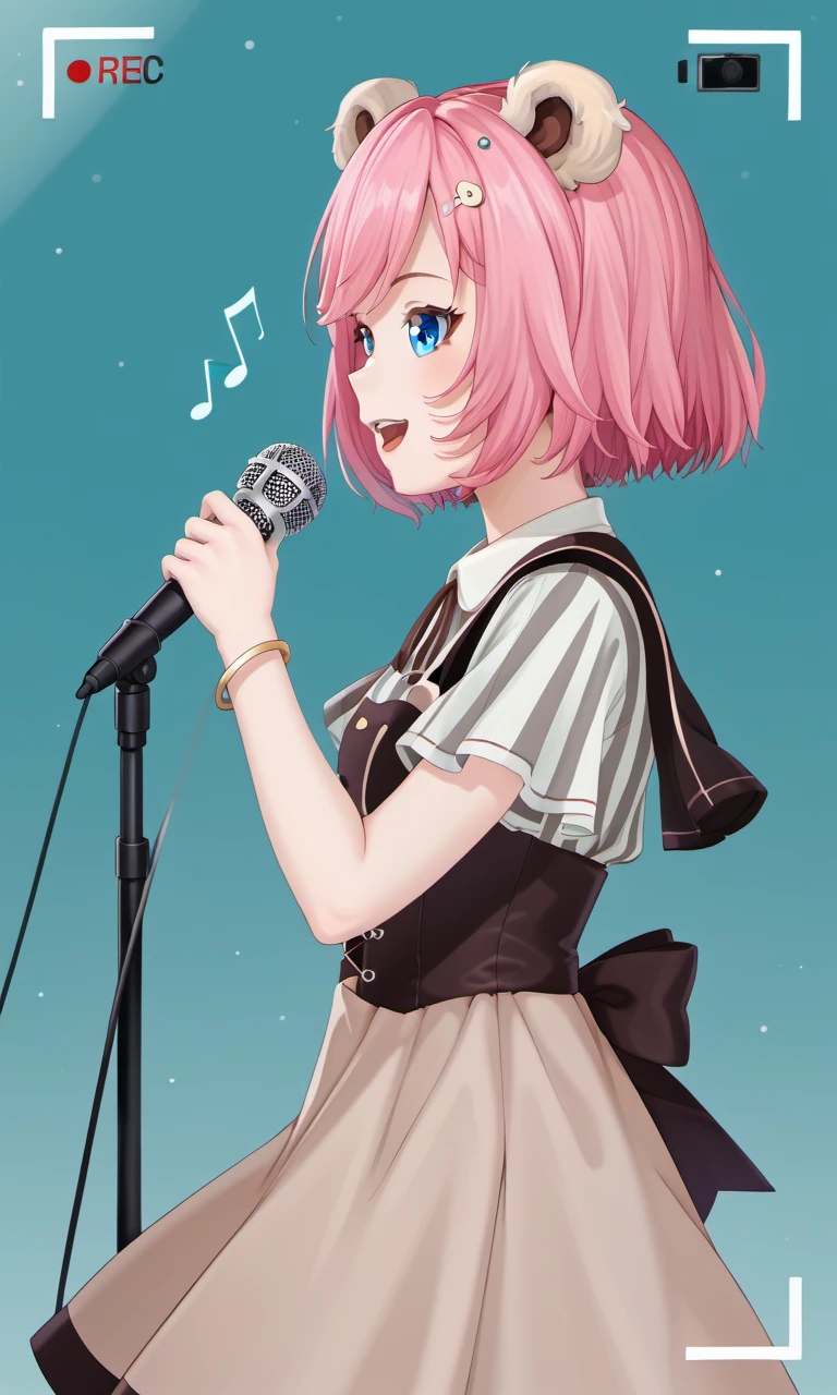 indoor, from side, recording studio, microphone, sings, singing, satiakura, 1girl, virtual youtuber, blue eyes, pink hair, short hair, hair ornament, bear ears, vertical striped shirt, apron dress, bracelet, corset belt, vertical striped thighhighs, shoes