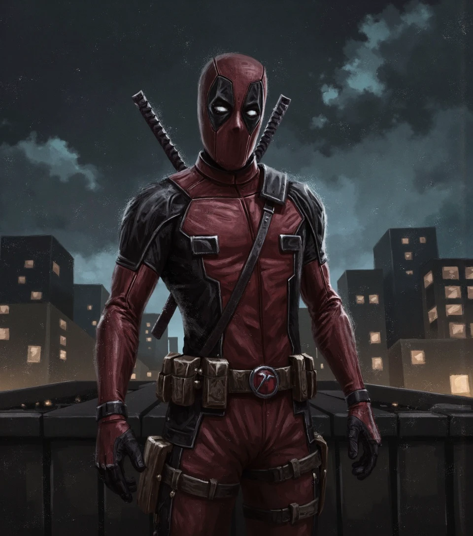 1ngra551a. A digital painting of Deadpool in his iconic red and black suit with visible brush strokes, intense shadows and highlights, battle-worn leather texture, ammunition pouches across his chest, metallic katanas strapped to his back, standing in a dynamic pose against a moody urban rooftop background with neon city lights and dark storm clouds