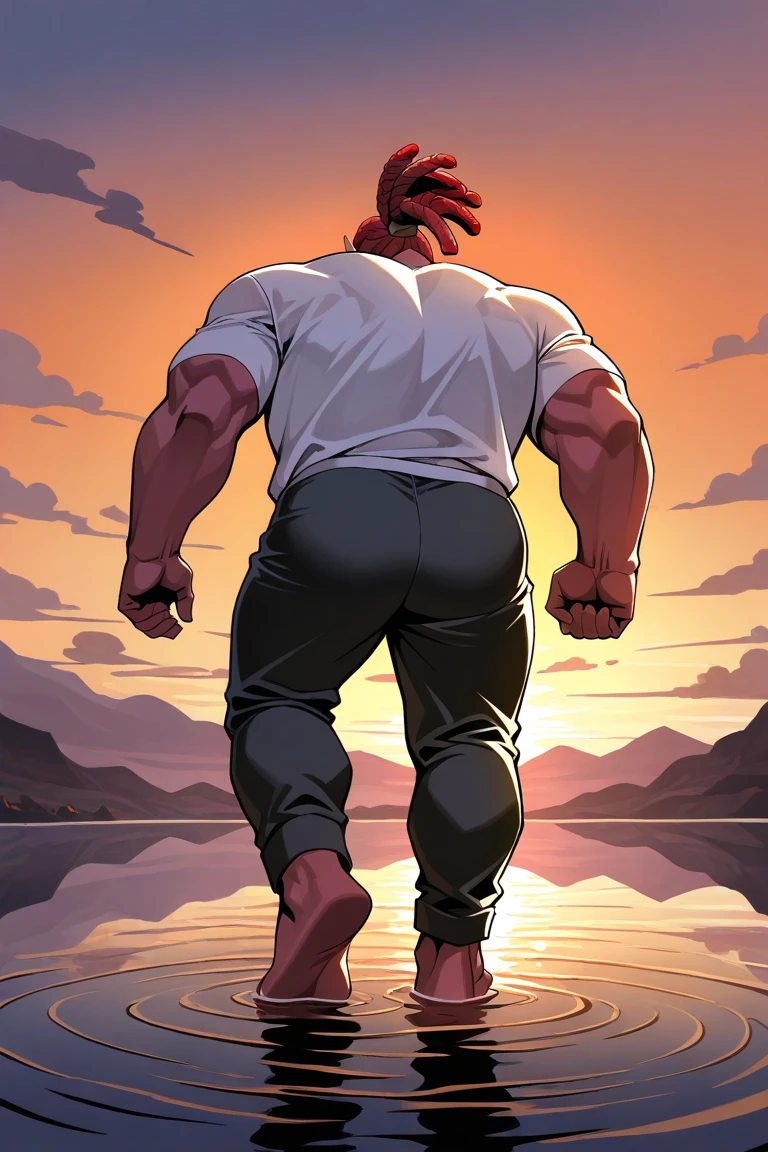 afternoon, sunset, orange sky, natural lighting, water ripples, surreal, red colored skin-orc focus, full body, walking on water, looking away, BalmondML, yellow_BalmondML_glowing eyes, red-white_BalmondML_multicolored dreadlocks ponytail, closed mouth, shirt, pants, casual clothes, barefoot, 1orc, blurry outdoors, sky, cloud, ghibli background, from behind, from below, dutch angle, intricately detailed illustration, masterpiece, best quality, amazing quality, very aesthetic, absurdres, newest