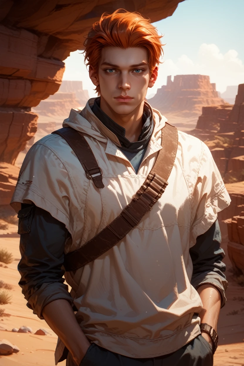 score_9, score_8_up, score_7_up,
<lora:StarCalKestis:0.8>
StarCalKestis, 1boy, orange hair, blue eyes, short hair, looking at viewer, Desert canyon with dramatic lighting, rugged and grand, Hands in pockets