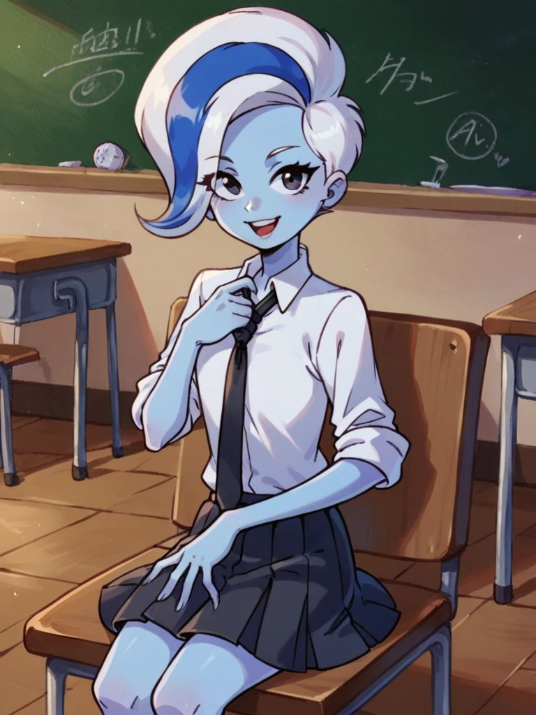 score_9, score_8_up, score_7_up, 
1girl, phantasma phantom, blue skin, white hair, short hair, blue streak, black eyes,

smile, open mouth, looking at viewer , sitting, school uniform, black skirt, white shirt, sleeves rolled up, loose necktie, black necktie, chair, transparent, classroom,