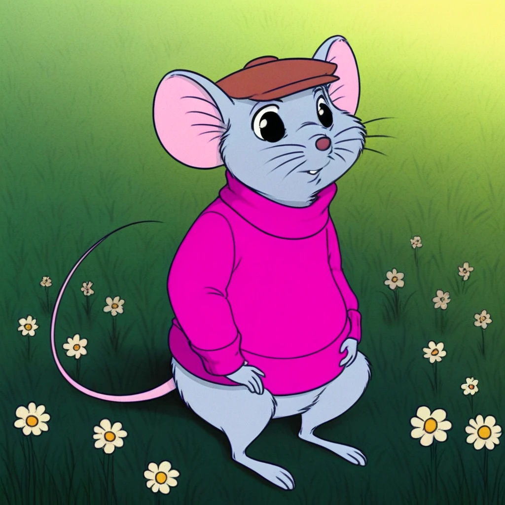 score_9, solo, bernard_r, mouse, furry, hat, whiskers, sweater, mouse ears, tail, sitting, grass, flowers, natural lighting