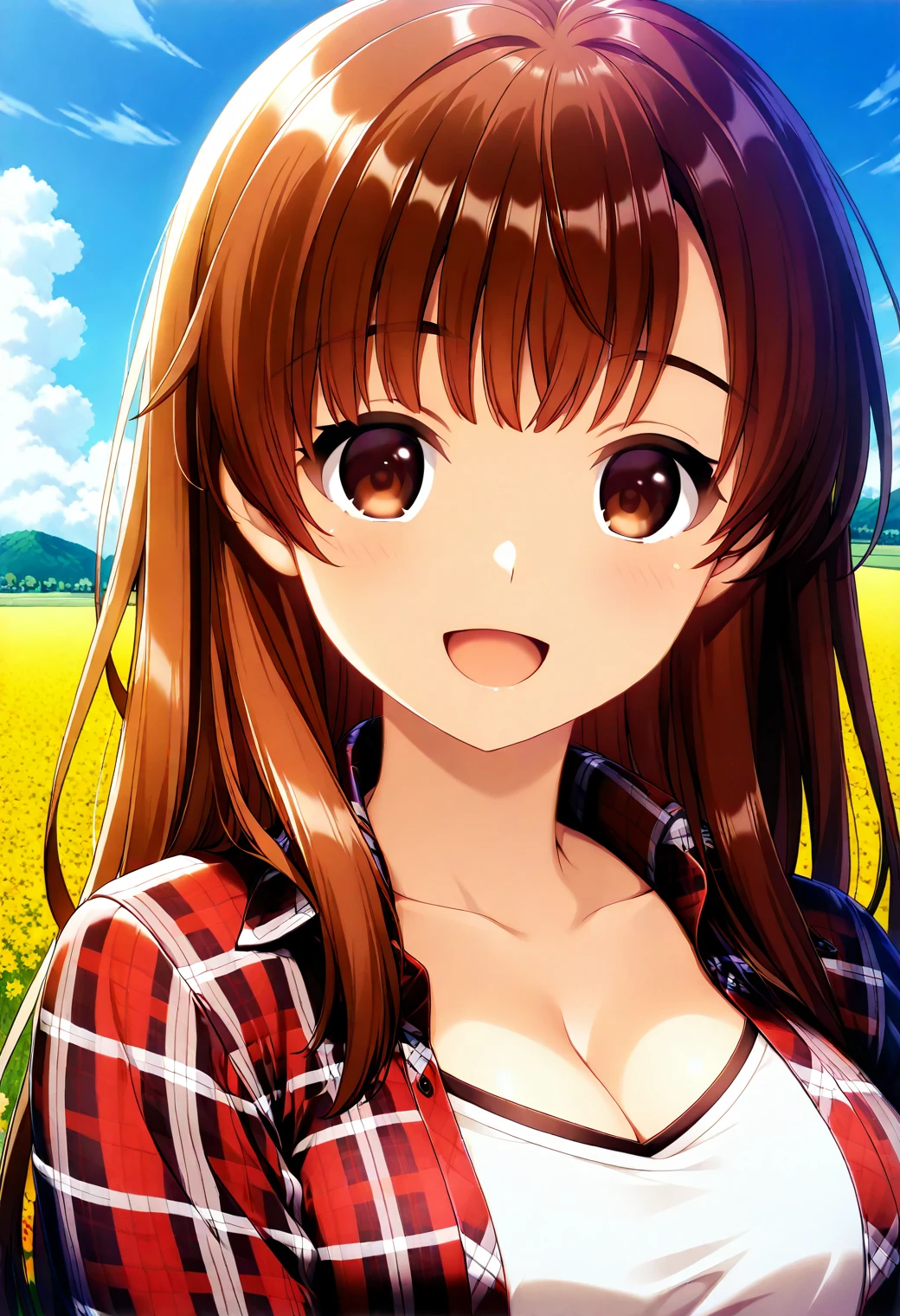 kobayashi_mari, brown eyes, brown hair, long hair, cleavage, open clothes, plaid shirt, white shirt, <lora:kobayashi_mari_illustrious_ver1:0.8>
smile, 
1girl, solo, (field:1.2), (blue sky:1.2), looking at viewer,, masterpiece, best quality, general,, (upper body:1.2), (close-up:1.2), (facing viewer:1.2), (open eyes:1.4), (portrait:1.2)