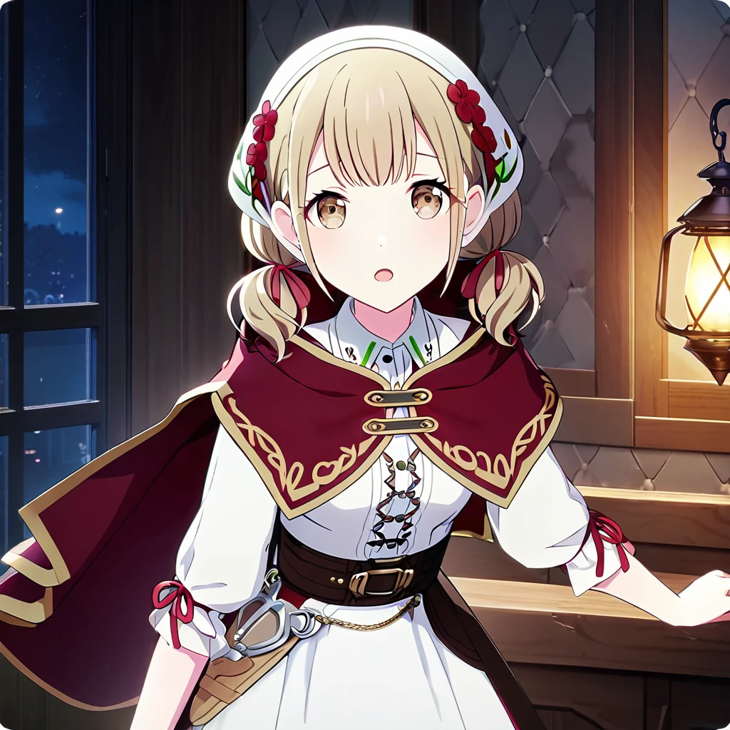 1girl, azusawa kohane, project sekai, masterpiece, very aesthetic, absurdres, official art, newest,
little red, low twintails, blonde short hair, straight hair, beige eyes,
looking at viewer, :o, leaning forward, hands behind back, portrait, face forcus,  BREAK
belt, dress, ribbon, hair ribbon, capelet, shirt, hood, skirt, red skirt, white shirt, head scarf, long sleeves, frills, brown belt, red capelet, apron, white dress, red ribbon, red cape, holster, puffy sleeves, white hood, white apron, hooded capelet, cape, short sleeves, belt buckle, buckle, frilled skirt, collared shirt, hooded cape, waist apron, hair ribbon,
indoors, bedroom, warm light, night, dark, Lantern Lights, 
 <lora:sdxl-1A-LittleRed03:1:lbw=0,0,0.2,0.2,0,0.4,0.4,0,0.8,0.8,0,0,0,0.8,0.8,0.6,0.8,0.0,0.0,0.0,0,0,0,0,0,0>