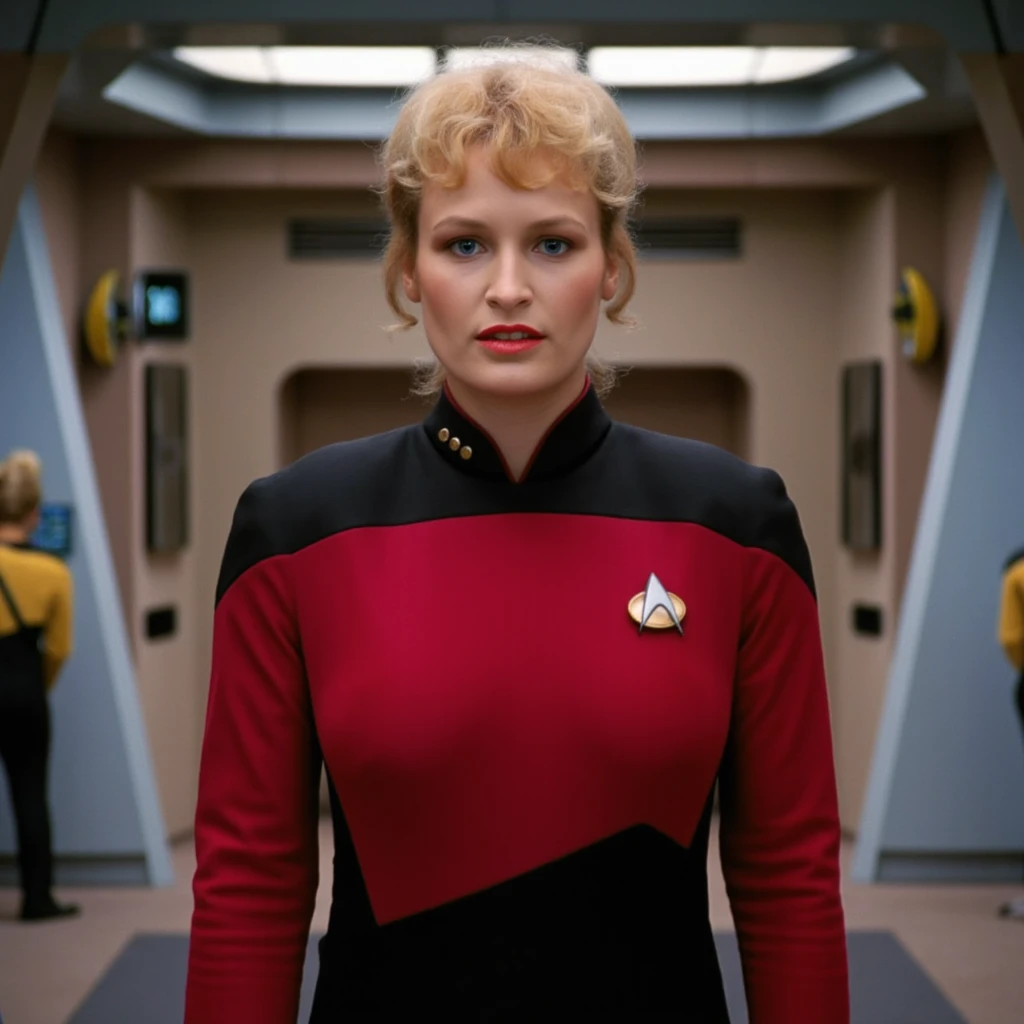 photo realistic, LizShelby woman, wearing red star trek uniform with star trek badge, standing in corridor of spaceship <lora:LizShelby_Flux_v1:1.5>