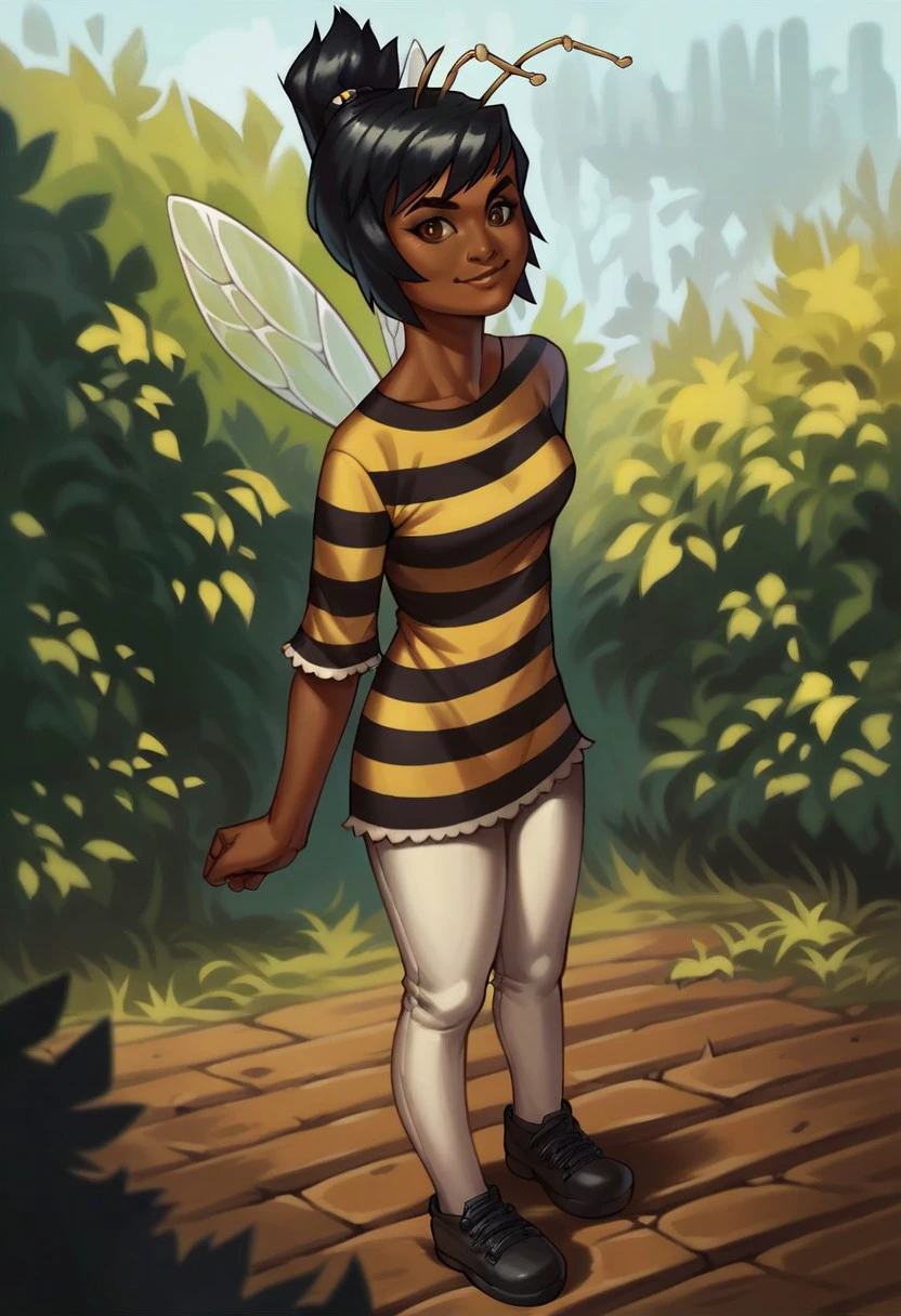 score_9_up, score_8_up, score_7_up, score_6_up, 1girl, solo, roxie_R_Mysims, dark-skinned female, antennae, striped shirt, leggings, shoes, black hair, brown eyes, insect wings, (standing outside), smile, (realistic, painted art), adult