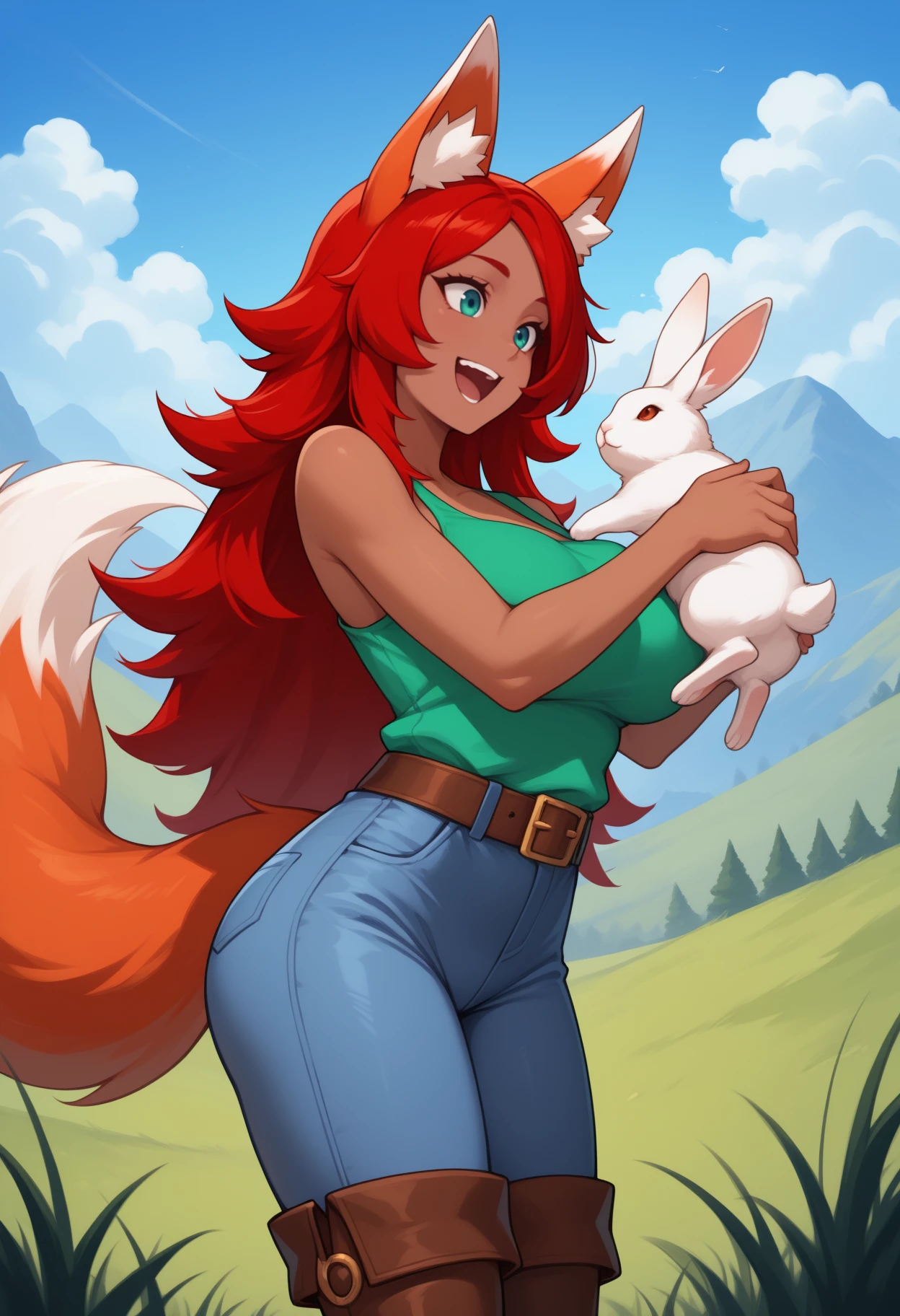 masterpiece, best quality, <break> cowboy shot, solo, 1girl, z00logist, dark-skinned female, fox tail, :d, teeth, looking at animal, holding animal, rabbit, long hair, red hair, animal ears, animal ear fluff, green tank top, brown belt, jeans, brown footwear, thigh boots, bare shoulders, large breasts, blue sky, cloud, outdoors, grass
<segment:yolo-Anzhc Face seg 640 v2 y8n.pt,0.4,0.5//cid=1>