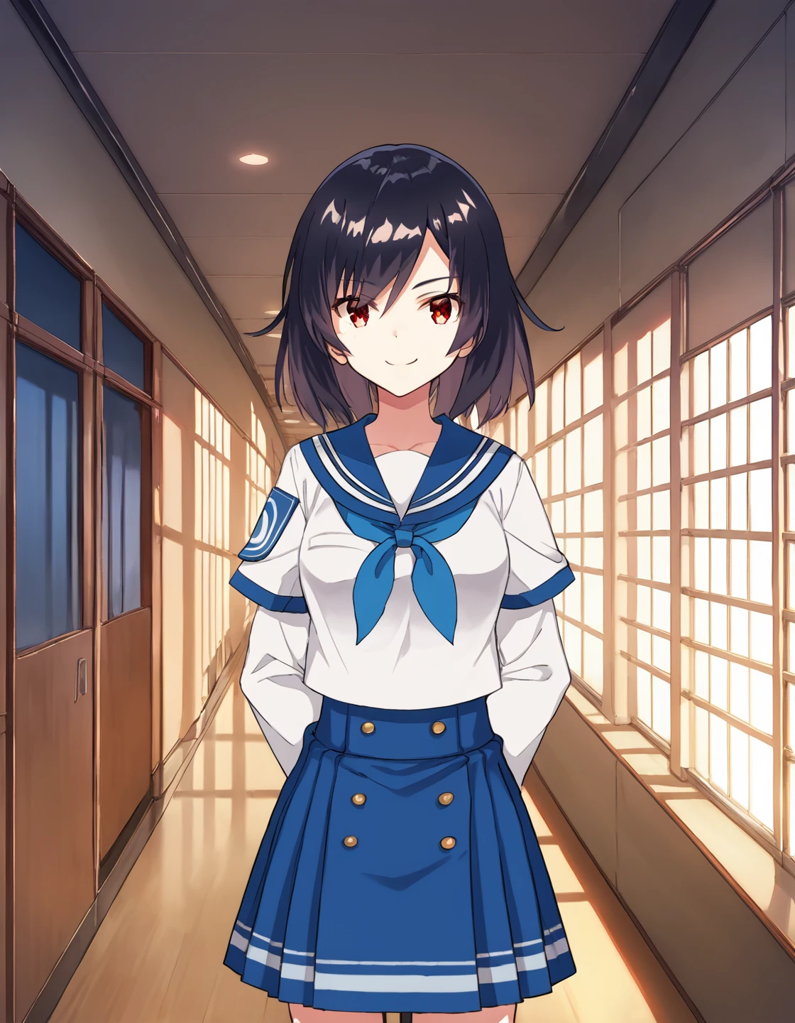 score_9, score_8_up, score_7_up, score_6_up, girl standing in corridor with hands behind back, source_anime, 1girl, masterpiece, best quality, cinematic lighting, upper body, medium shot, mgrcnatsuryouko, black hair, red eyes, white shirt, blue sailor collar, blue bowtie, (short over long sleeves), blue buttoned skirt, sitting, indoors, corridor, hands behind back, light smile, <lora:mgrcnatsuryouko_XL:1>