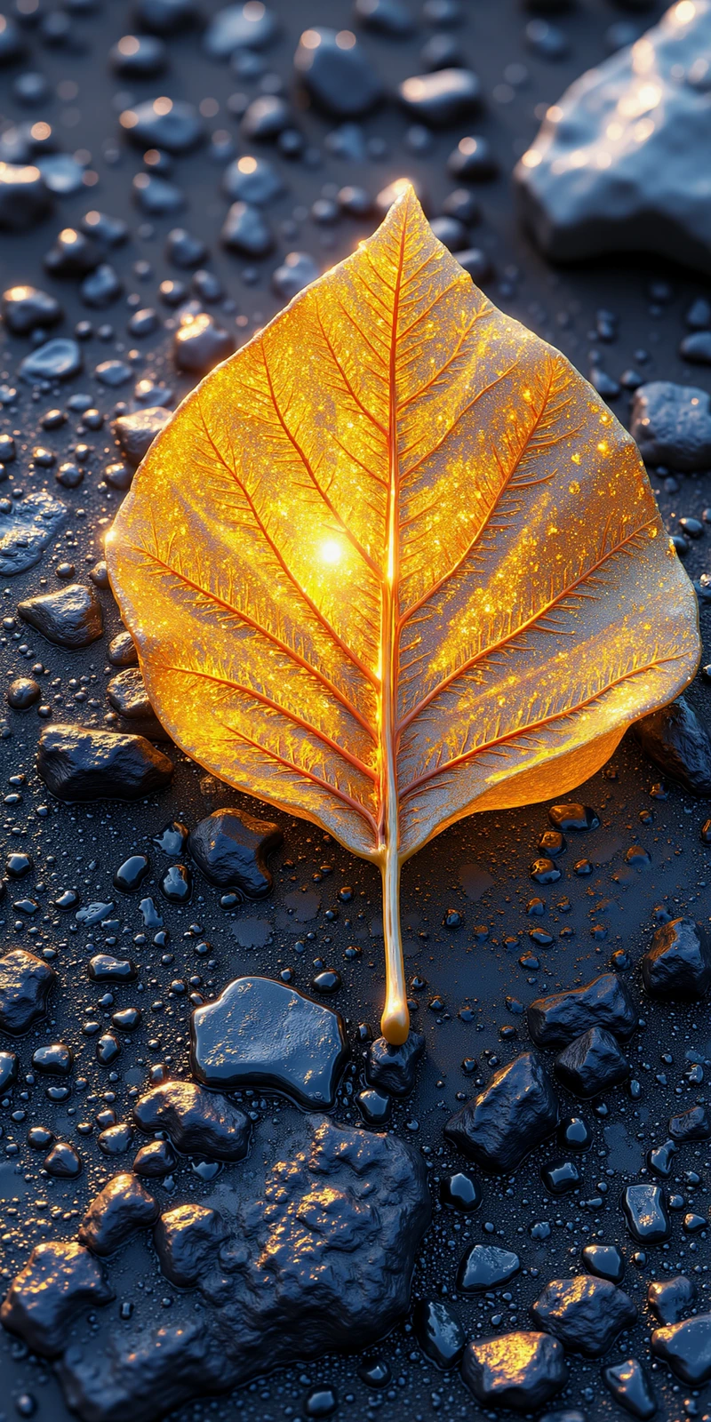 ~~"A delicate leaf rests on a dark, wet rock, illuminated by a soft yellow glow that brings out its fine veins and imperfections. The glow catches droplets on the rock, creating tiny reflections that shimmer, giving the scene a tranquil, almost magical quality."~~