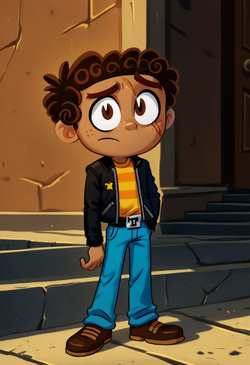 score_9, score_8_up, score_7_up, CuteCartoonStyle, 1boy, solo, male focus, Manny_Rivera, Brown Eyes, brown Hair, Dark Skin, Scar on Eye, freckles, Black Jacket, striped yellow shirt, belt buckle, blue pants, brown shoes