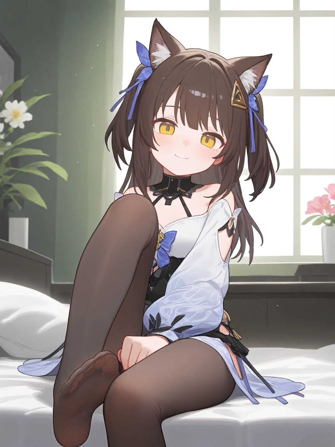 siris, siris-Ksana(Flutter of Ecstasy), brown_hair, twintails, hair clip, <lora:siris-Ksana(Flutter of Ecstasy)-tillunai3:0.8>,,blush,yellow eyes, confident,
1girl,solo,animal ears,sitting,indoors,looking at viewer,cat ears,smile,window,no shoes,feet,dress,bangs,,flower,foot out of frame,knee up,animal ear fluff,between legs,soles,on bed,toes,,hand between legs,,day,animal ears,cat ears,blurry,,
best quality,amazing quality,very aesthetic,absurdres,masterpiece,best quality,amazing quality,very aesthetic,absurdres,masterpiece,[artist:ciloranko],[artist:ningen mame],{{artist:sushineko8}},(artist:tianliangduohefangdongye:1),, best quality,amazing quality,very aesthetic,absurdres,masterpiece,[artist:ciloranko],[artist:ningen mame],{{artist:sushineko8}},(artist:tianliangduohefangdongye:1)