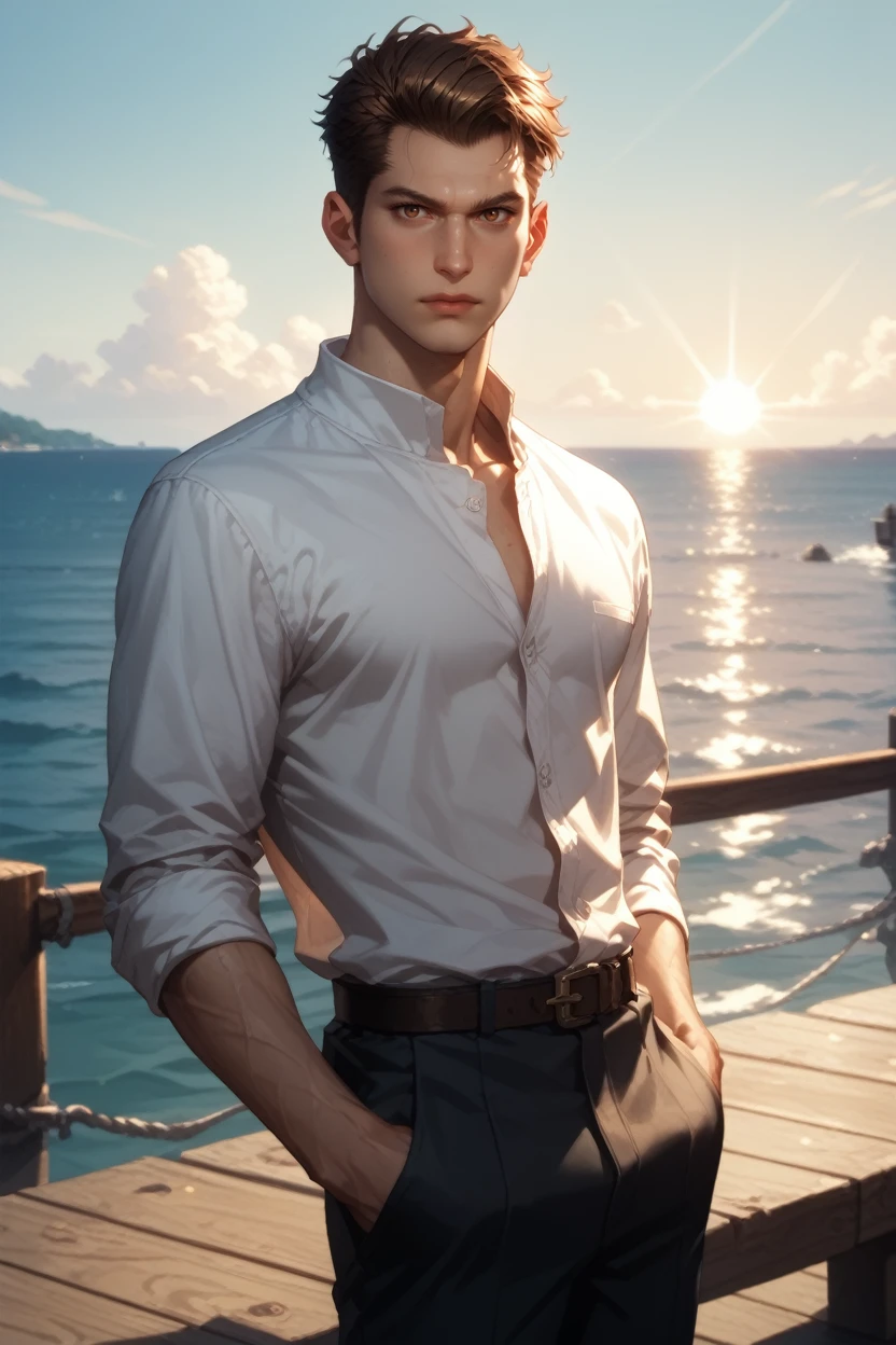 score_9, score_8_up, score_7_up,
<lora:DBHConnor:0.8>
DBHConnor, 1boy, brown hair, brown eyes, short hair, looking at viewer, solo, standing on the pier, sun setting, calm sea, strong and determined expression