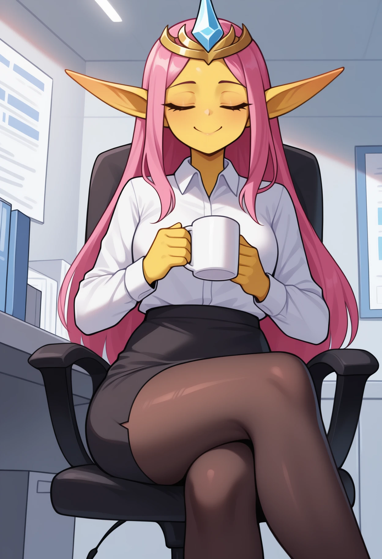 masterpiece, best quality, <break> solo, 1girl, empressoflight, yellow skin, smile, looking at viewer, sitting, swivel chair, crossed legs, holding coffee mug, long hair, pink hair, tiara, pointy ears, closed eyes, office lady, white shirt, collared shirt, long sleeves, black skirt, pencil skirt, black pantyhose, indoors, office, cubicle
<segment:yolo-Anzhc Face seg 640 v2 y8n.pt,0.4,0.5//cid=1>