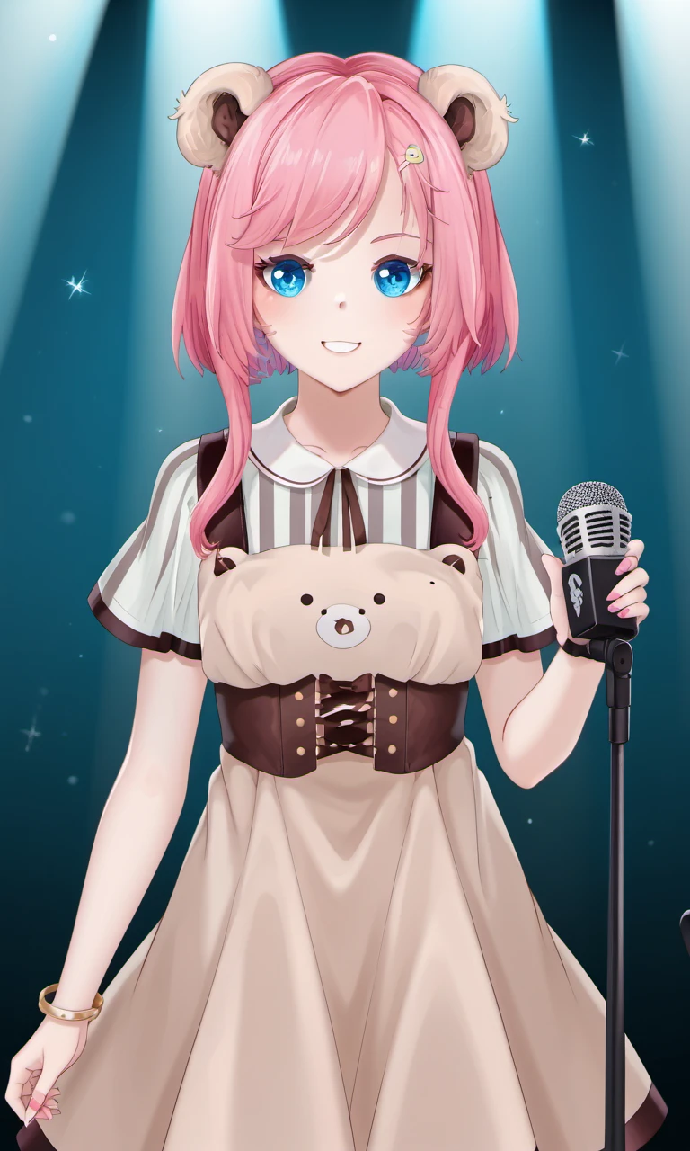 indoor, recording studio, microphone, sings, singing, satiakura, 1girl, virtual youtuber, blue eyes, pink hair, short hair, hair ornament, bear ears, vertical striped shirt, apron dress, bracelet, corset belt, vertical striped thighhighs, shoes