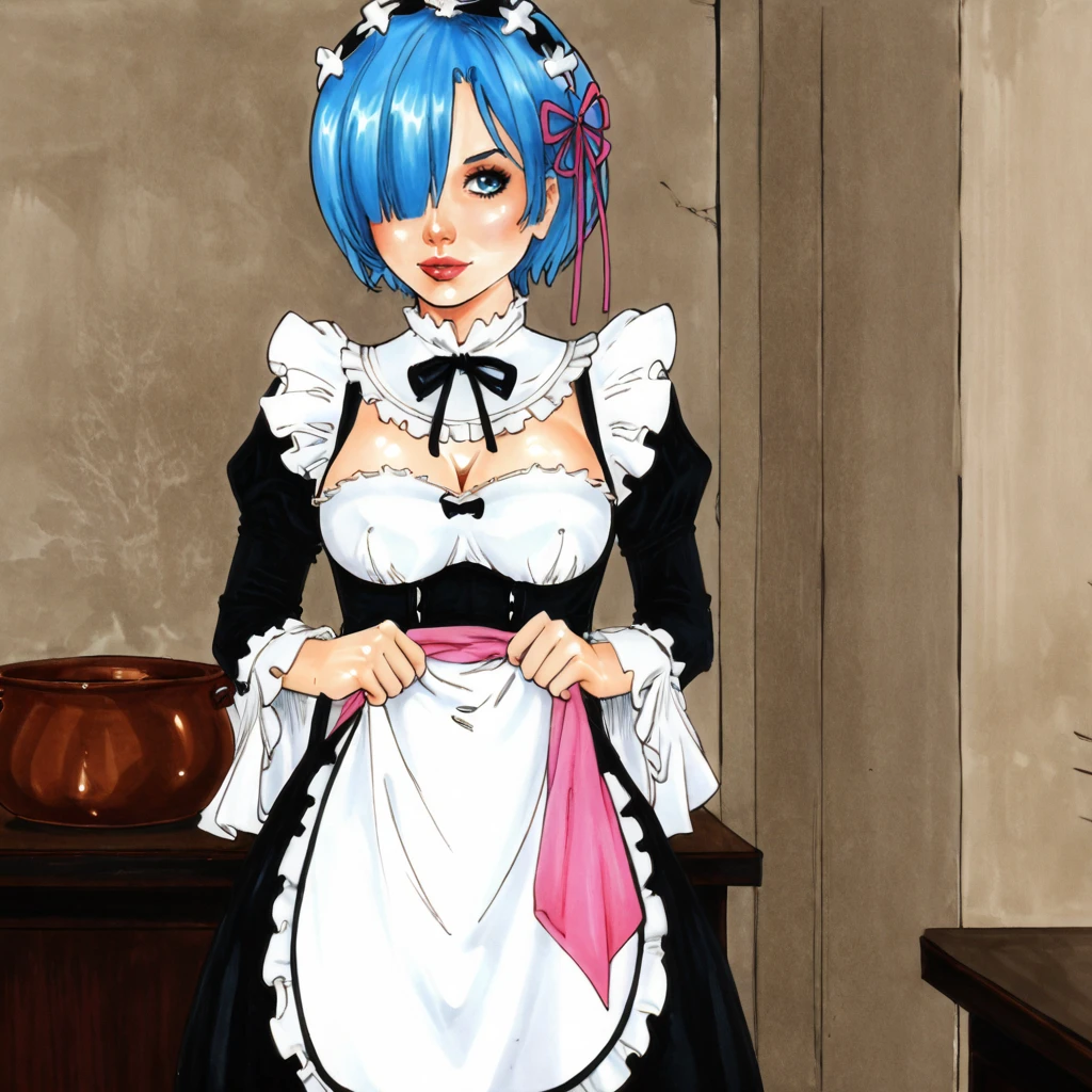 a beautiful detailed girl with long blue hair, wearing a maid headdress, large breasts, with bangs covering one eye, in a sexual act in a forest, pixel perfect, ultra detailed, hyperrealistic, 8k, (best quality:1.2), (realistic:1.37), (photorealistic:1.37), extremely detailed, high resolution, masterpiece, studio lighting, physically-based rendering, vibrant colors, cinematic lighting