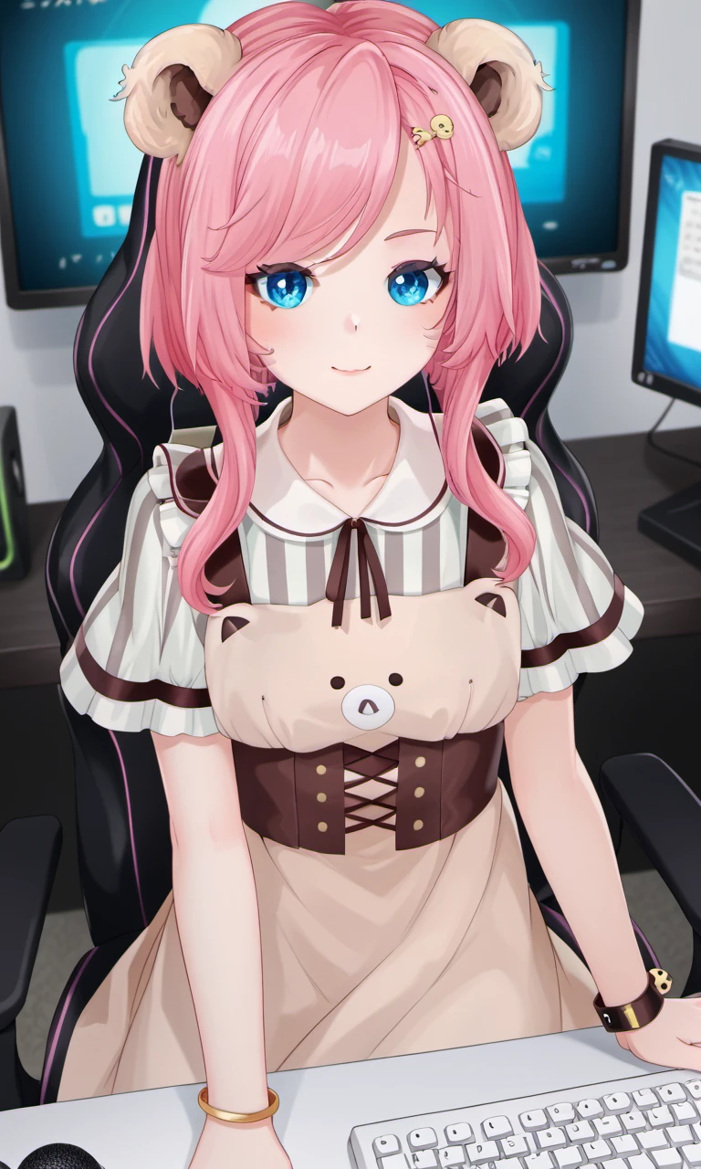 gaming chair, desk, monitor, keyboard, desktop microphone, sit, satiakura, 1girl, virtual youtuber, blue eyes, pink hair, short hair, hair ornament, bear ears, vertical striped shirt, apron dress, bracelet, corset belt, vertical striped thighhighs, shoes