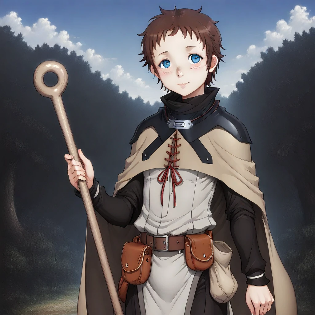 Ninya, ninya, celicia veyron, overlord, 1girl, solo, brown hair, short hair, staff, outdoors, tree, holding, looking at viewer, cape, nature, forest, holding staff, pouch, belt, upper body, closed mouth, blue eyes, blush, cloud, sky, shirt, long sleeves, smile, belt pouch